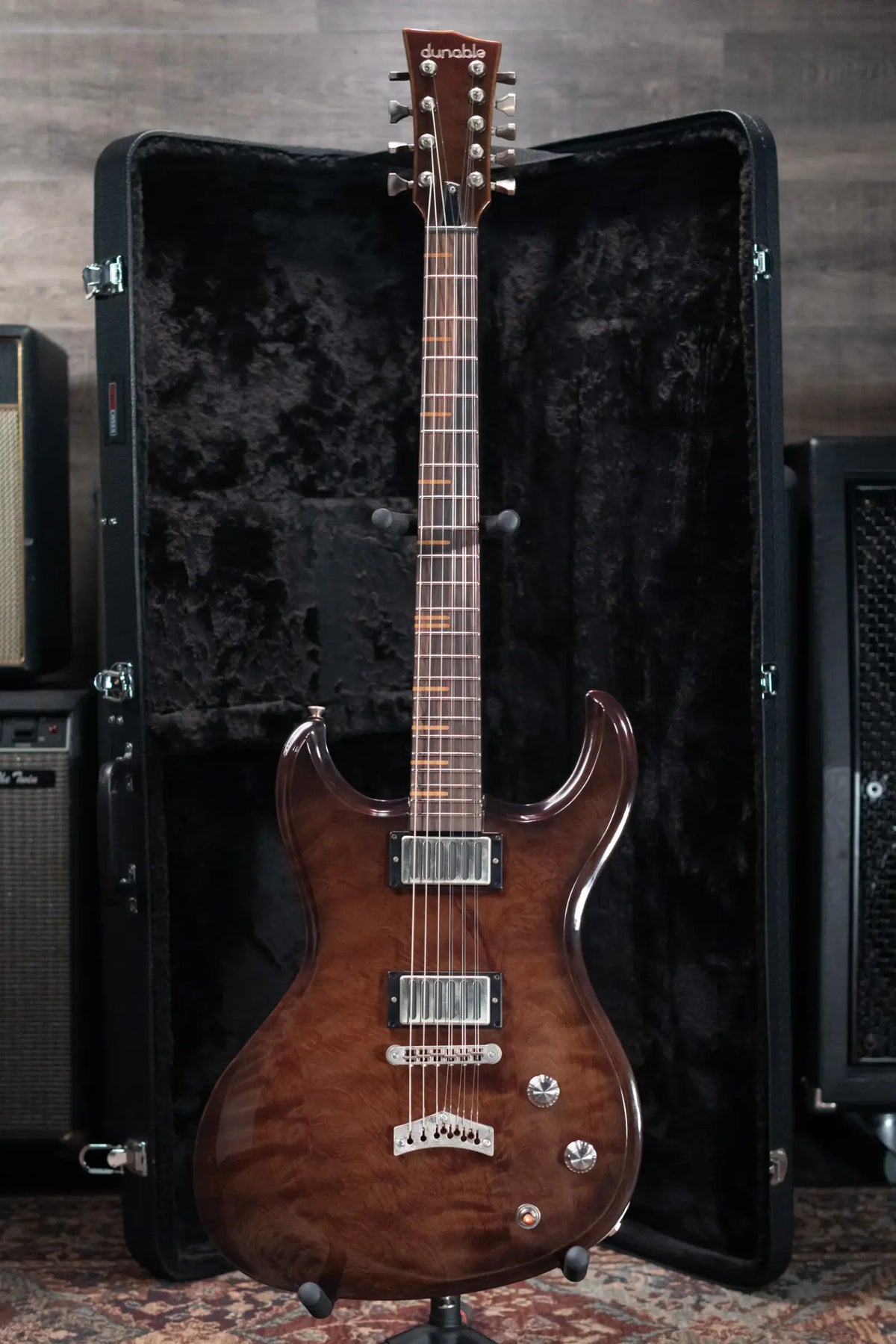 Dunable Custom Gnarwhal 9-String 1-Piece Curly Redwood Electric Guitar - Charcoal/Red Shift with Hardshell Case