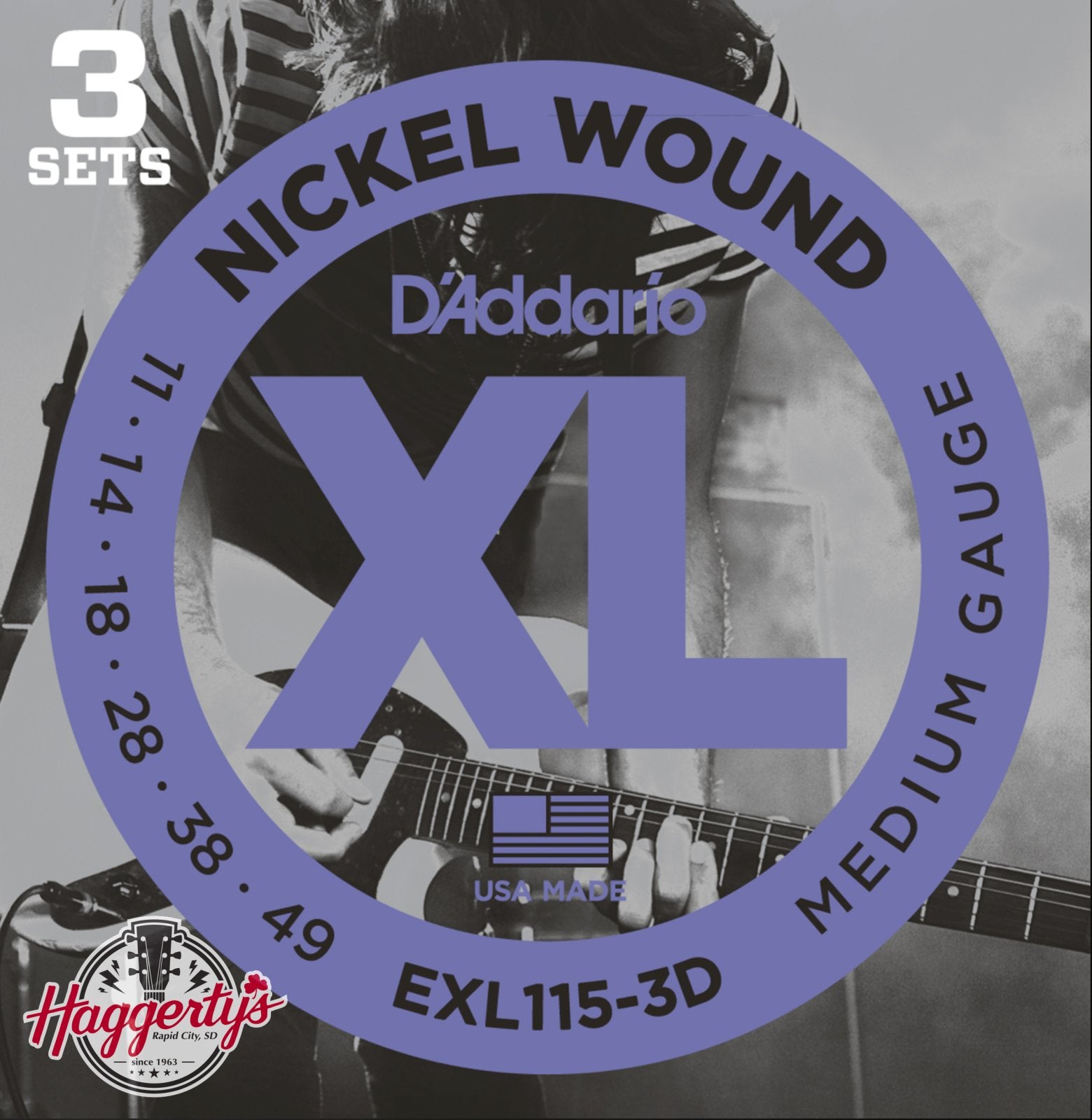 D'Addario EXL115-3D Nickel Wound Electric Guitar Strings 11-49, 3 Sets