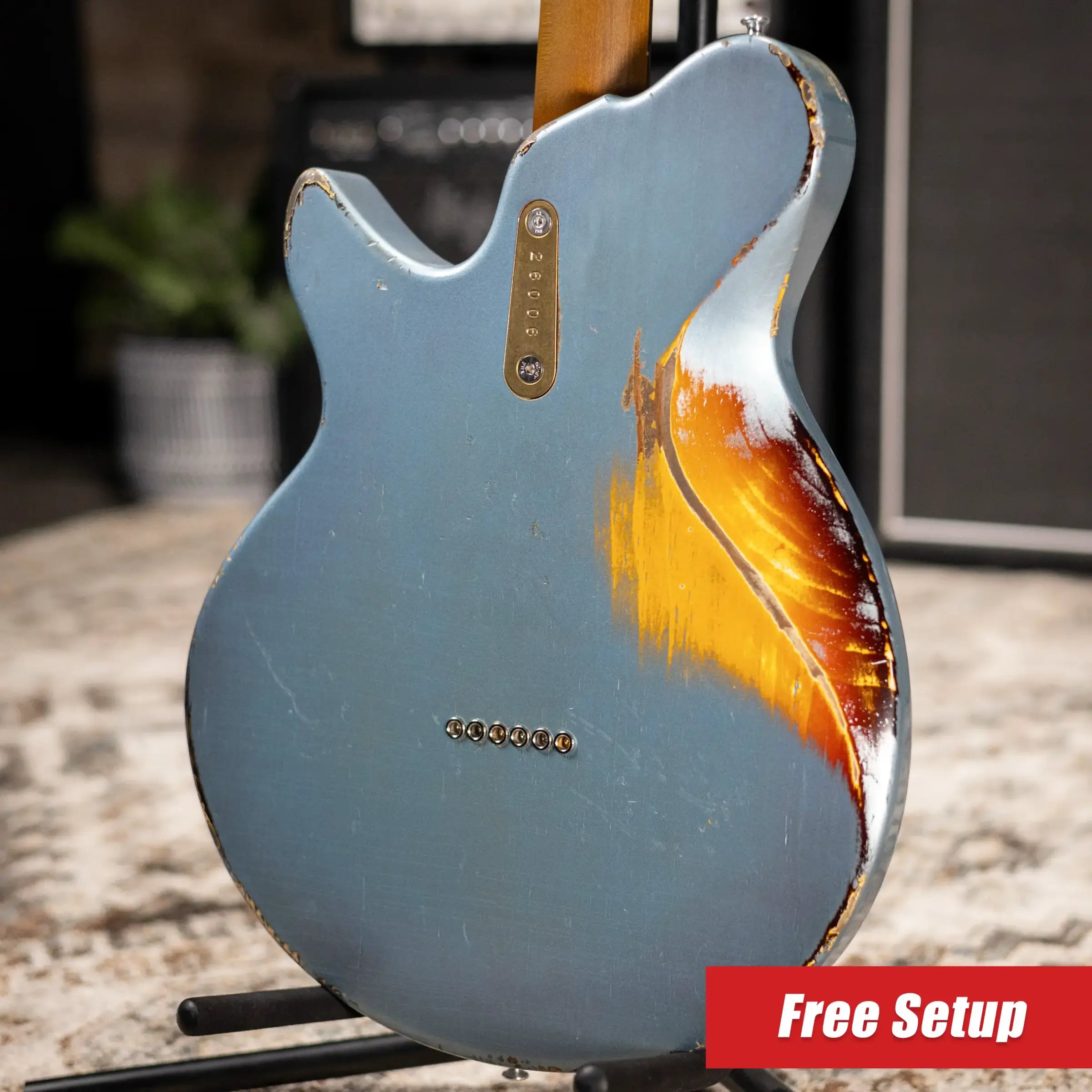 Eastman Kauffmann Series SC Deluxe - Made in Holland - Heavy Relic Electric Guitar - Ice Blue Metallic over Target Sunburst with Padded Gig Bag