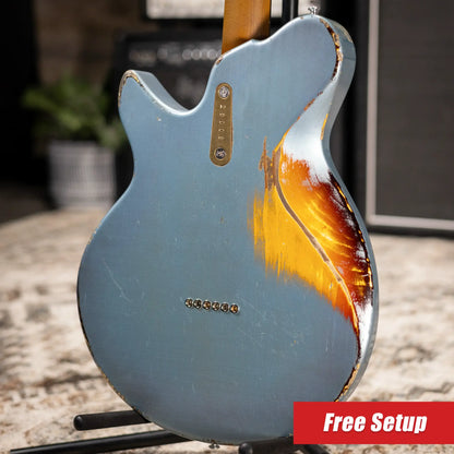 Eastman Kauffmann Series SC Deluxe - Made in Holland - Heavy Relic Electric Guitar - Ice Blue Metallic over Target Sunburst with Padded Gig Bag