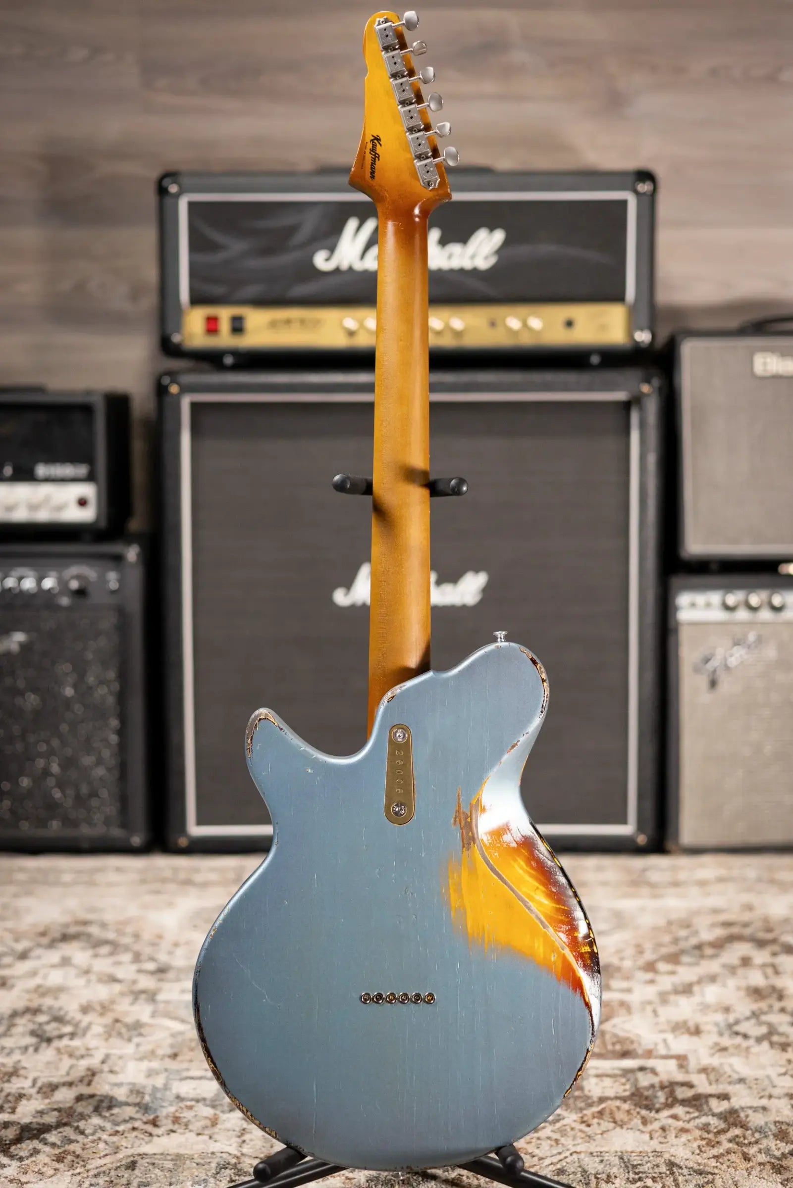 Eastman Kauffmann Series SC Deluxe - Made in Holland - Heavy Relic Electric Guitar - Ice Blue Metallic over Target Sunburst with Padded Gig Bag