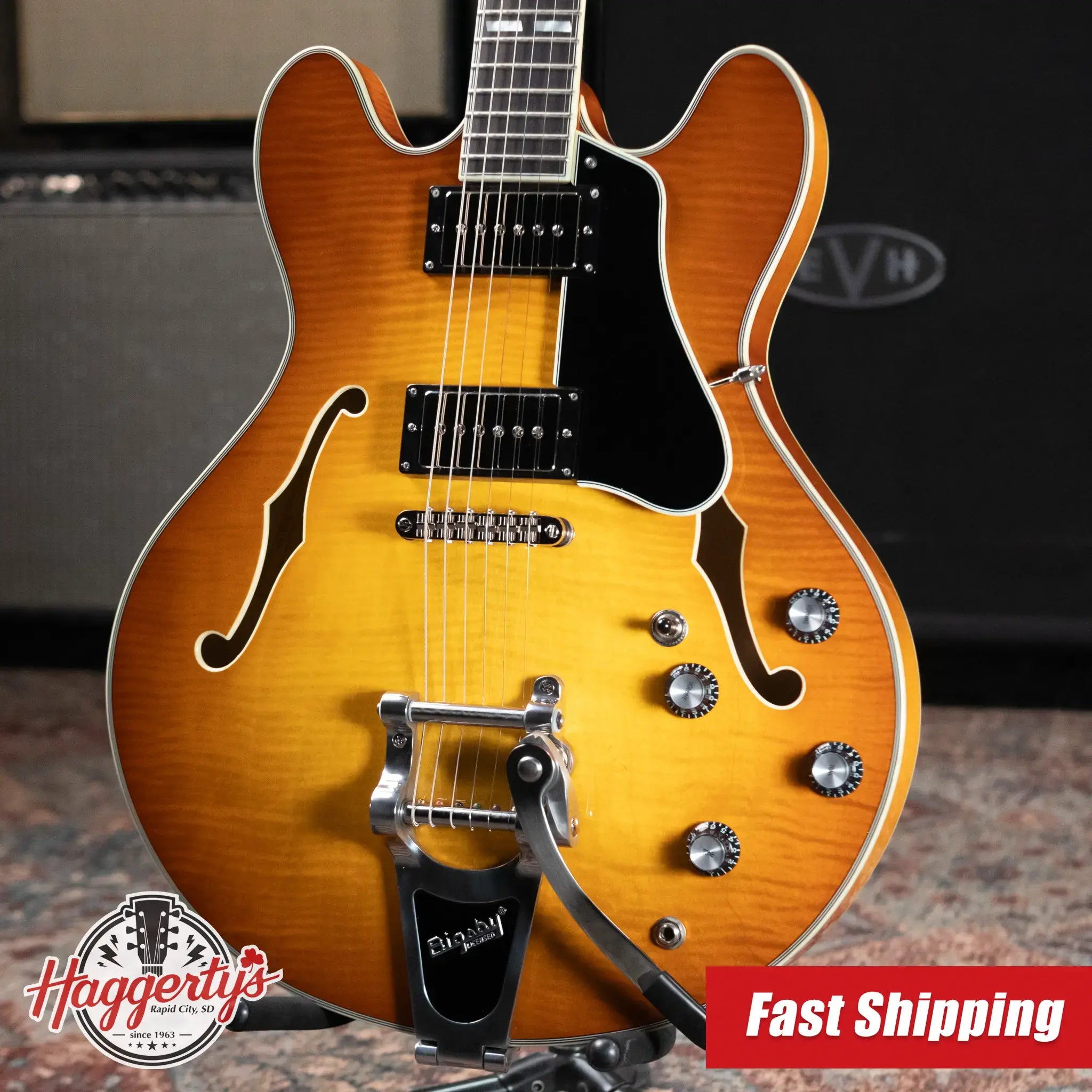 Eastman T486B-GB Thinline Semi-Hollow Electric Guitar - Goldburst with Hardshell Case