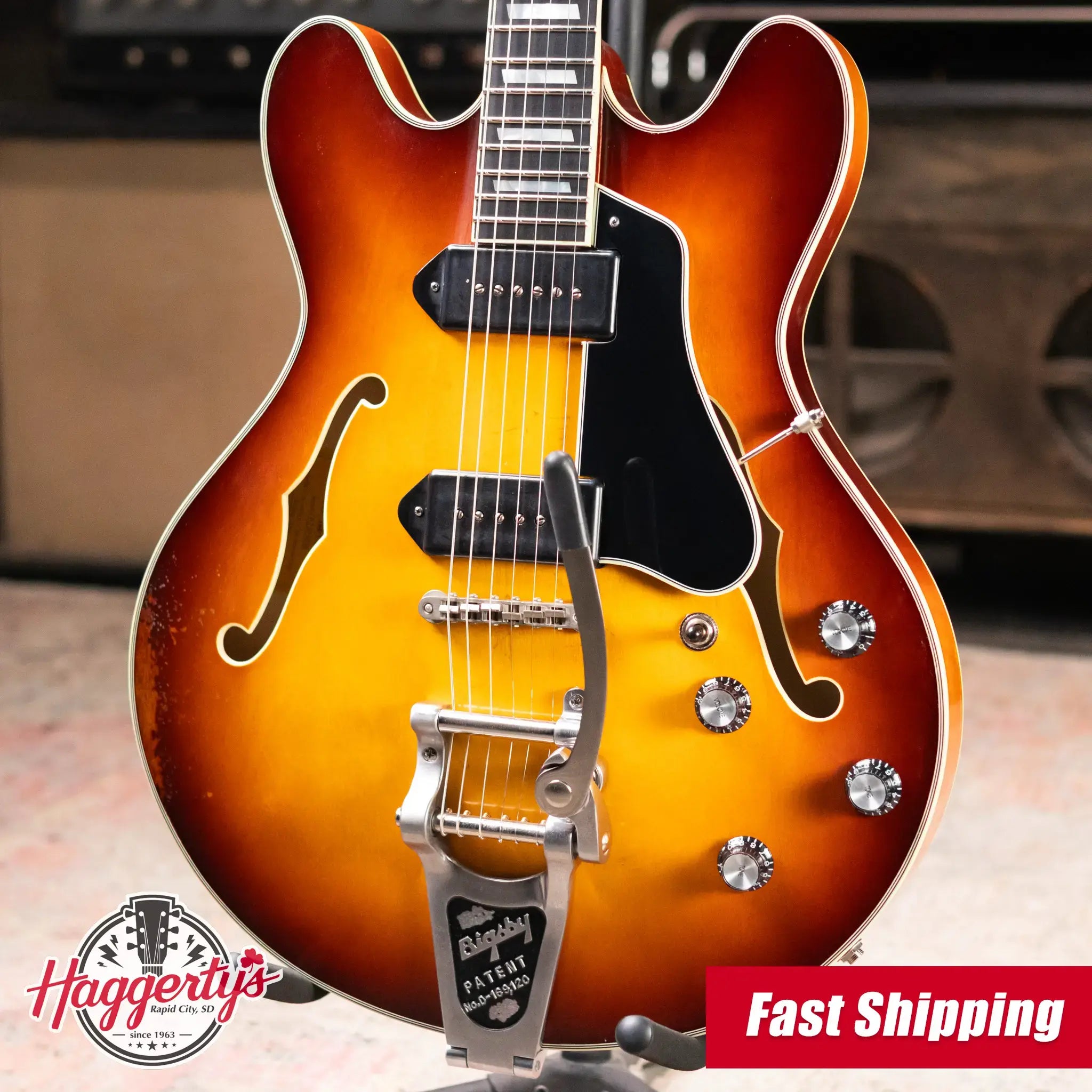 Eastman T64/V-GB Hollow Body Thinline Electric Guitar with Bigsby - Antique Goldburst with Hardshell Case