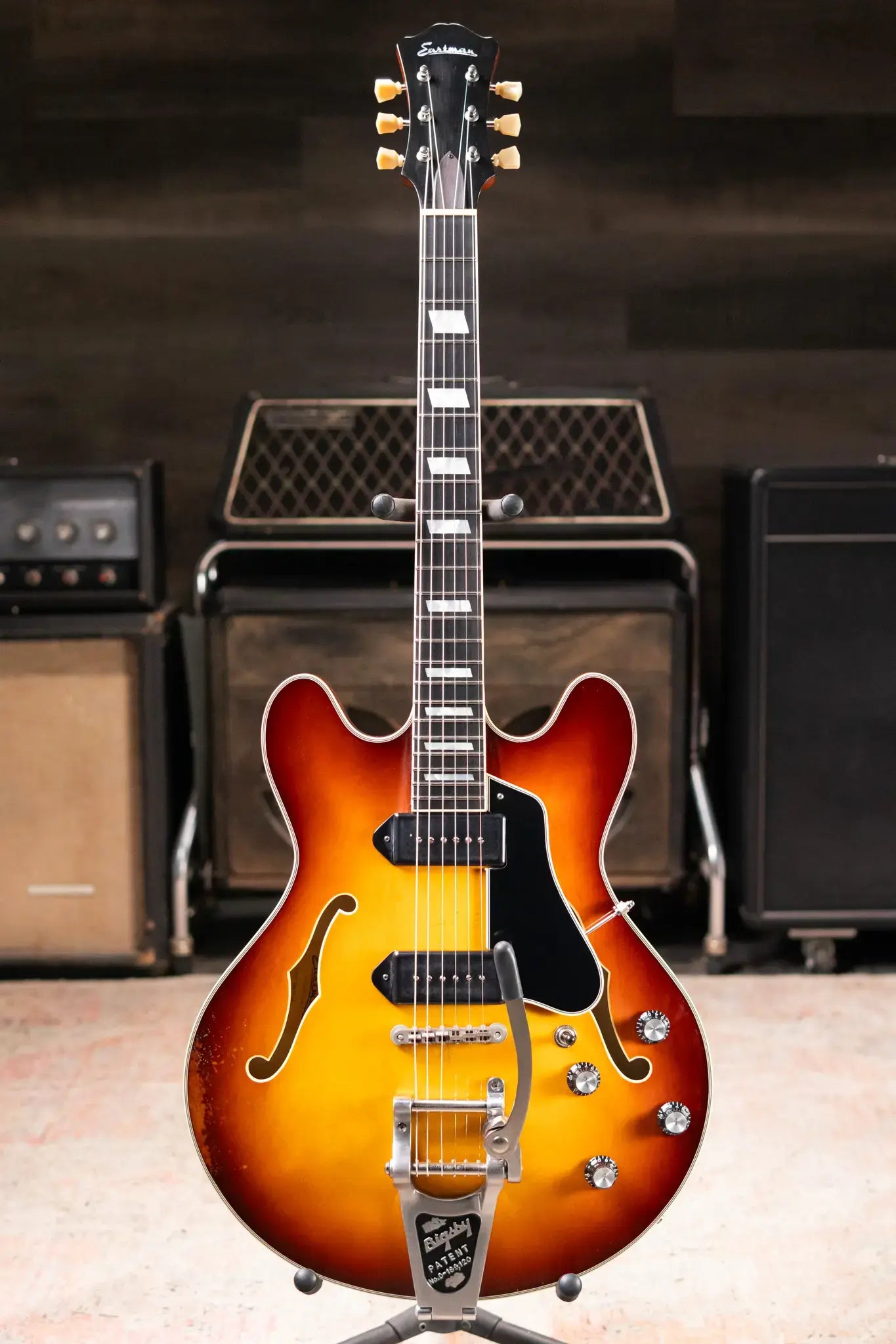 Eastman T64/V-GB Hollow Body Thinline Electric Guitar with Bigsby - Antique Goldburst with Hardshell Case