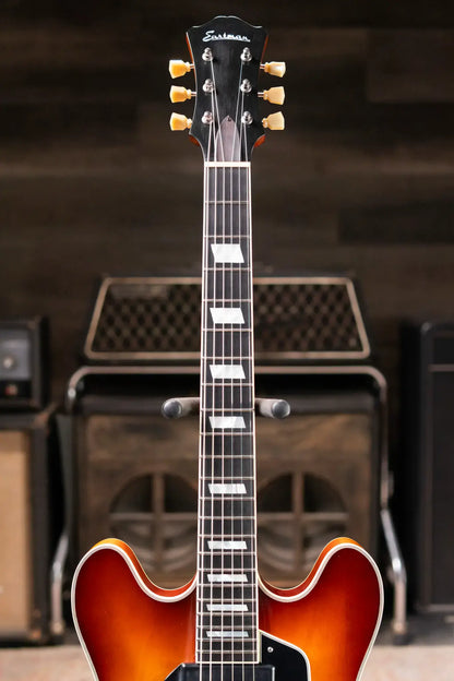 Eastman T64/V-GB Hollow Body Thinline Electric Guitar with Bigsby - Antique Goldburst with Hardshell Case