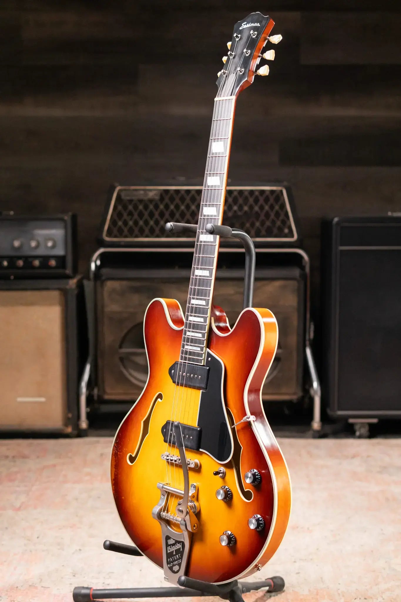 Eastman T64/V-GB Hollow Body Thinline Electric Guitar with Bigsby - Antique Goldburst with Hardshell Case