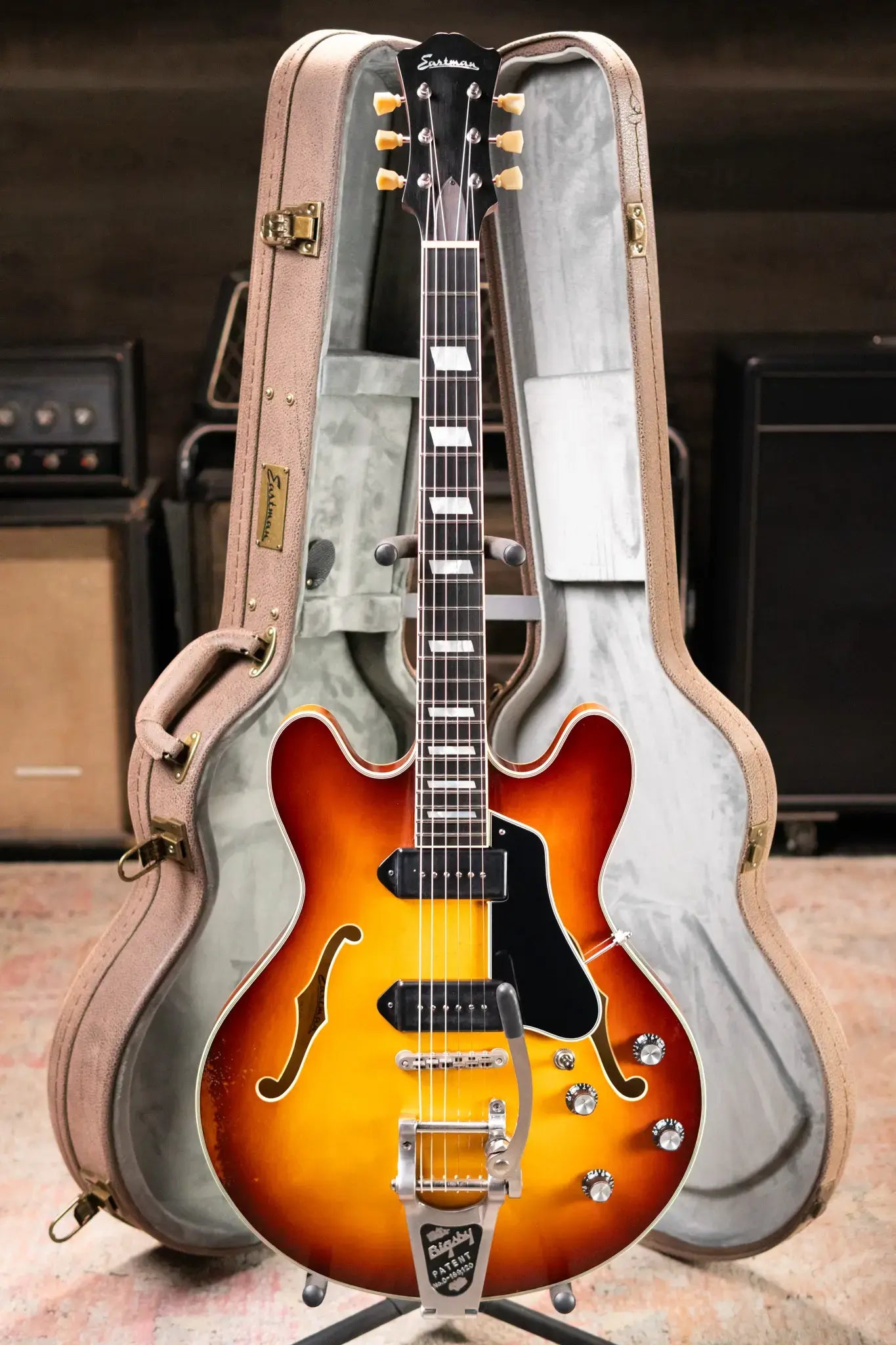 Eastman T64/V-GB Hollow Body Thinline Electric Guitar with Bigsby - Antique Goldburst with Hardshell Case