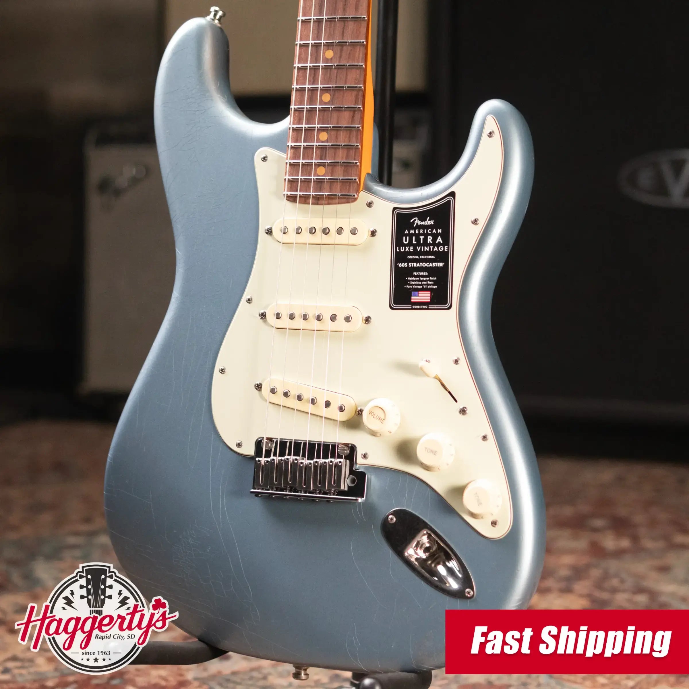 Fender American Ultra Luxe '60s Stratocaster, Rosewood Fingerboard Electric Guitar - Ice Blue Metallic with Deluxe Hardshell Case