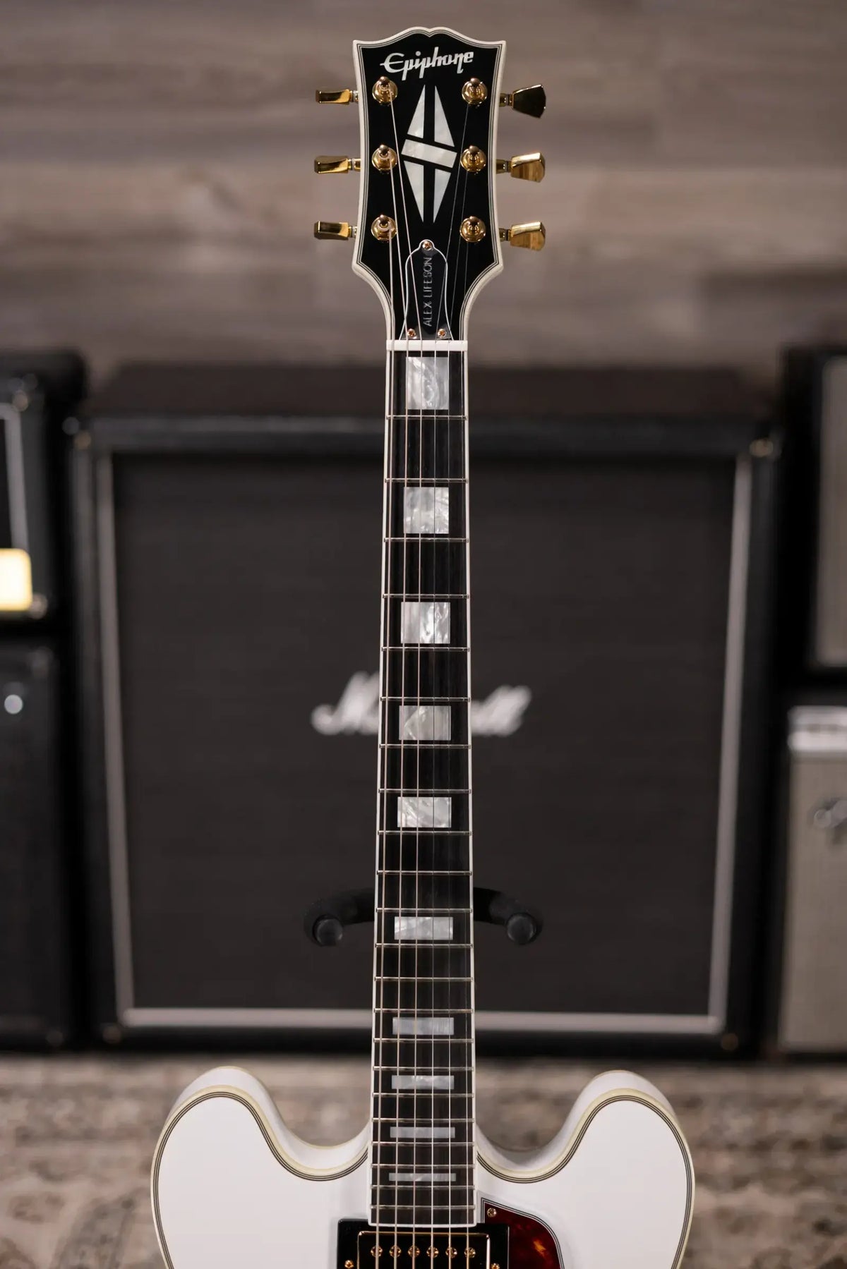 Epiphone IGC Alex Lifeson Signature 1976 ES-355 Reissue Semi-Hollow Electric Guitar - Alpine White with Hardshell Case