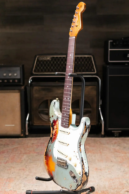 Fender Custom Shop 1965 Stratocaster Super Heavy Relic Electric Guitar - Super Faded Aged Firemist Silver over 3-Color Sunburst with Hardshell Case