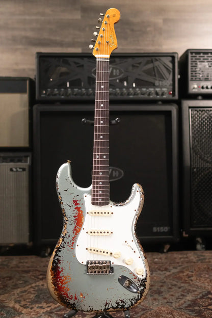 Fender Custom Shop 1965 Stratocaster Super Heavy Relic Electric Guitar - Super Faded Aged Firemist Silver over 3-Color Sunburst with Hardshell Case