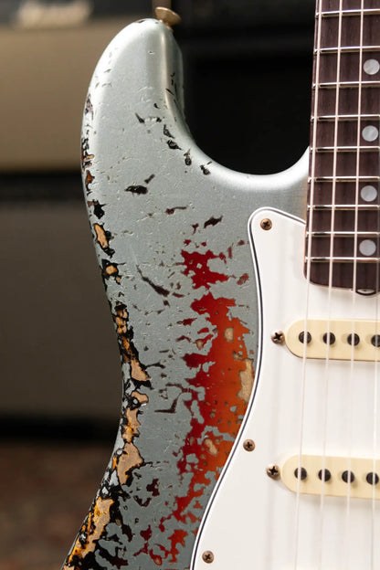 Fender Custom Shop 1965 Stratocaster Super Heavy Relic Electric Guitar - Super Faded Aged Firemist Silver over 3-Color Sunburst with Hardshell Case