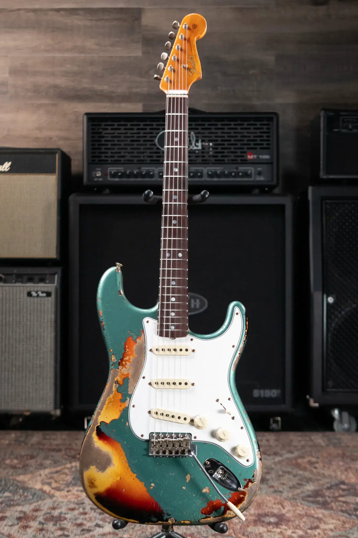 Fender Custom Shop 1965 Stratocaster Super Heavy Relic Electric Guitar - Super Faded Aged Sherwood Green Metallic over 3-Color Sunburst with Hardshell Case