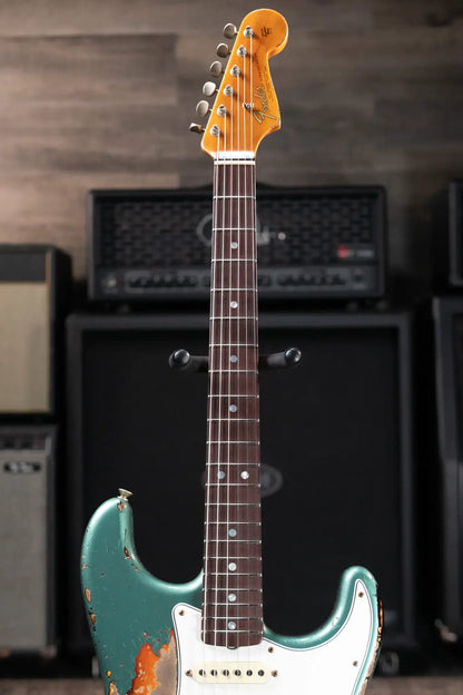 Fender Custom Shop 1965 Stratocaster Super Heavy Relic Electric Guitar - Super Faded Aged Sherwood Green Metallic over 3-Color Sunburst with Hardshell Case