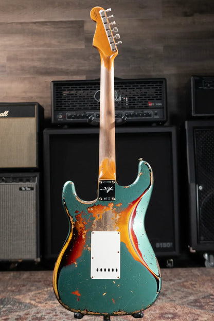 Fender Custom Shop 1965 Stratocaster Super Heavy Relic Electric Guitar - Super Faded Aged Sherwood Green Metallic over 3-Color Sunburst with Hardshell Case