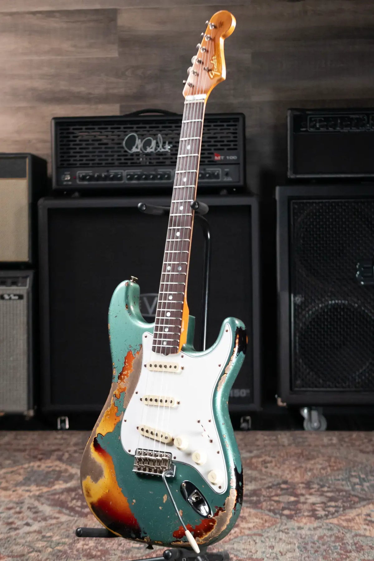 Fender Custom Shop 1965 Stratocaster Super Heavy Relic Electric Guitar - Super Faded Aged Sherwood Green Metallic over 3-Color Sunburst with Hardshell Case