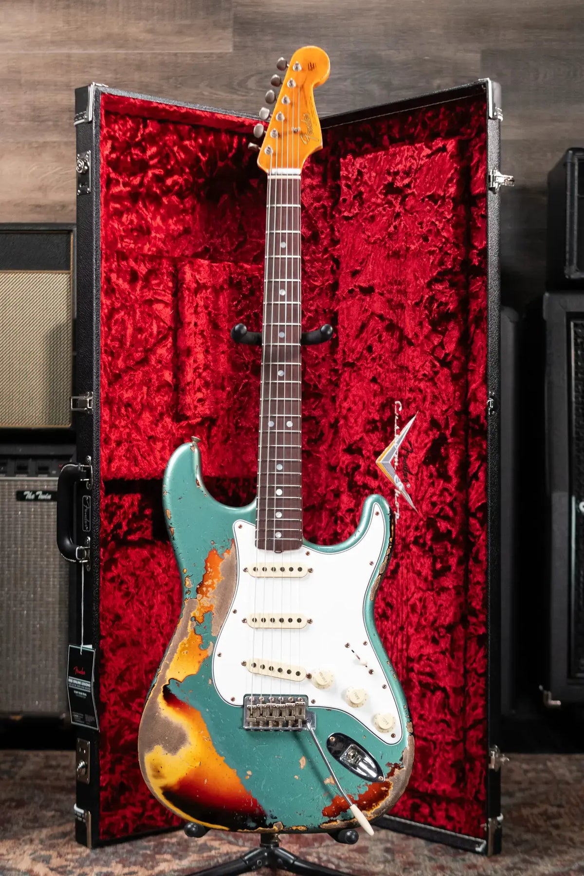 Fender Custom Shop 1965 Stratocaster Super Heavy Relic Electric Guitar - Super Faded Aged Sherwood Green Metallic over 3-Color Sunburst with Hardshell Case