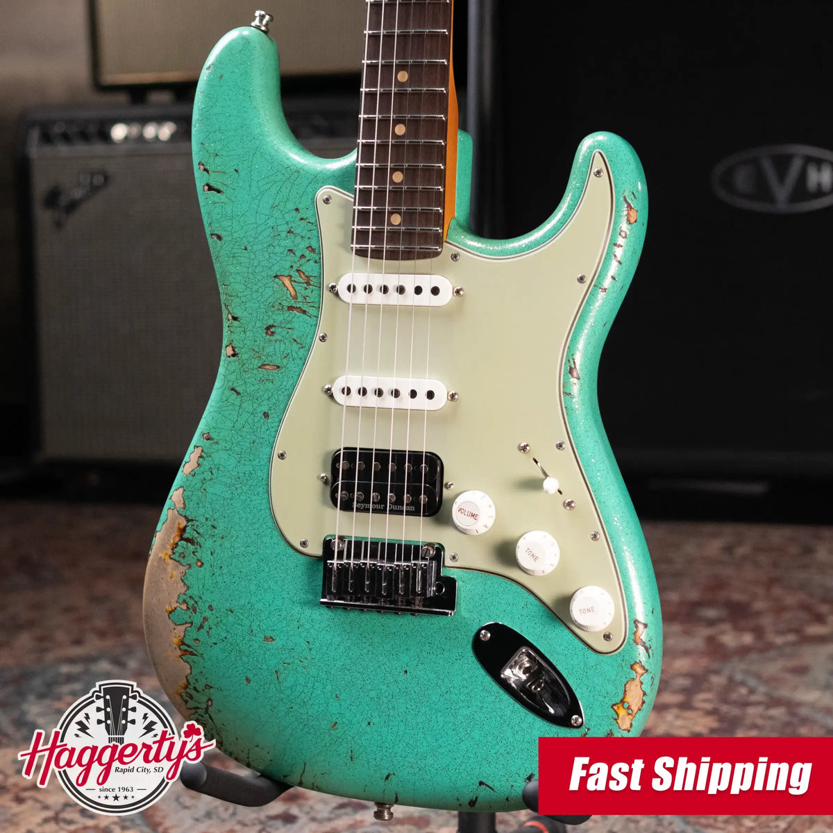 Fender Custom Shop LR25-Custom Deluxe HBS-1 Stratocaster Heavy Relic Electric Guitar - Seafoam Green Sparkle/3-Color Sunburst with Hardshell Case