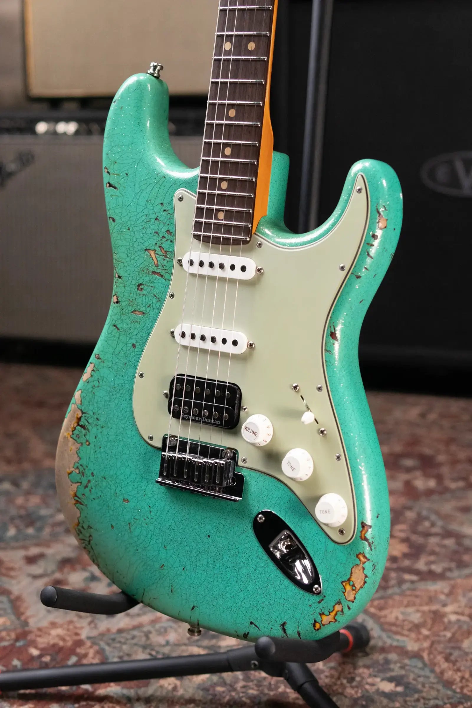 Fender Custom Shop LR25-Custom Deluxe HBS-1 Stratocaster Heavy Relic Electric Guitar - Seafoam Green Sparkle/3-Color Sunburst with Hardshell Case