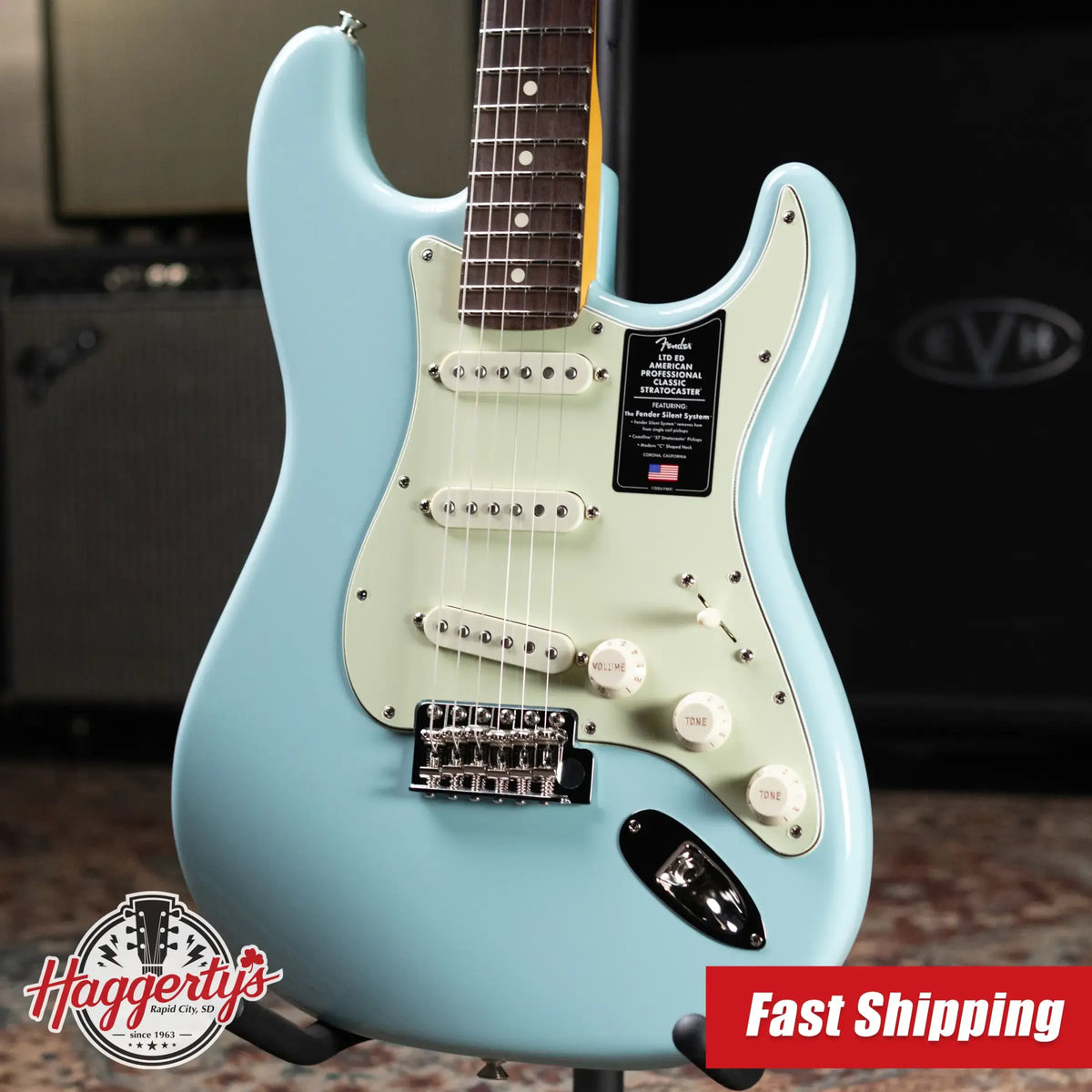Fender Limited Edition American Professional Classic Stratocaster Electric Guitar - Featuring the Fender Silent System - Daphne Blue with Gig Bag