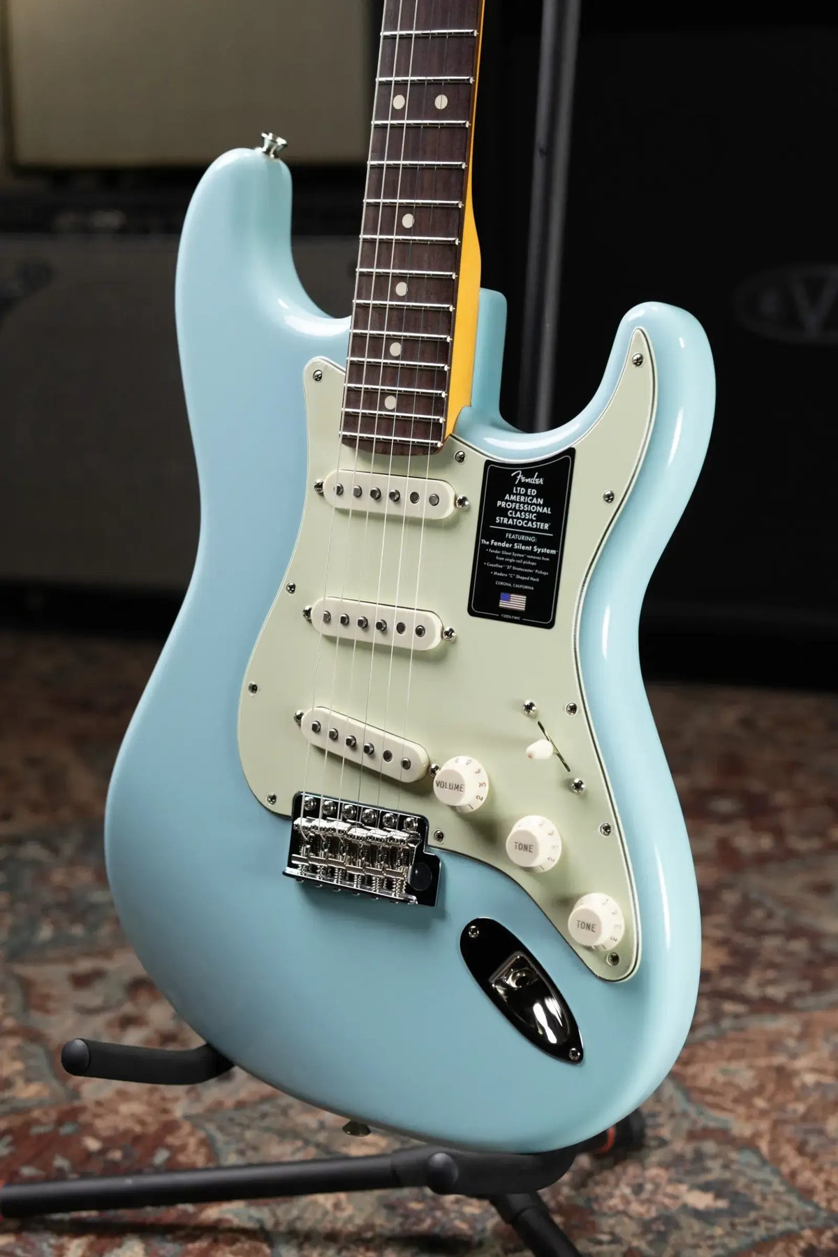 Fender Limited Edition American Professional Classic Stratocaster Electric Guitar - Featuring the Fender Silent System - Daphne Blue with Gig Bag