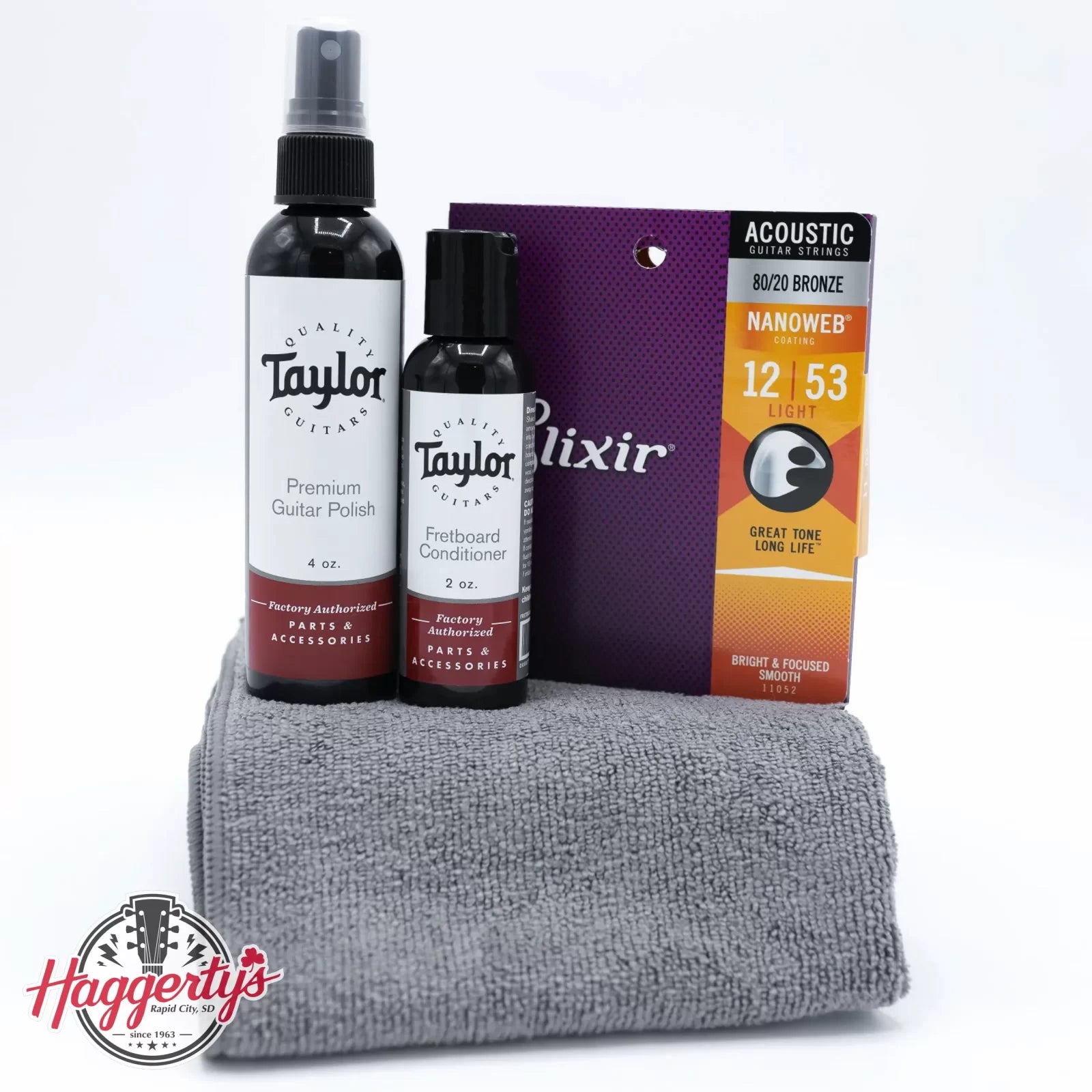 Taylor Gloss Guitar Cleaning Bundle w/ Elixir 12-53, 80/20 Bronze