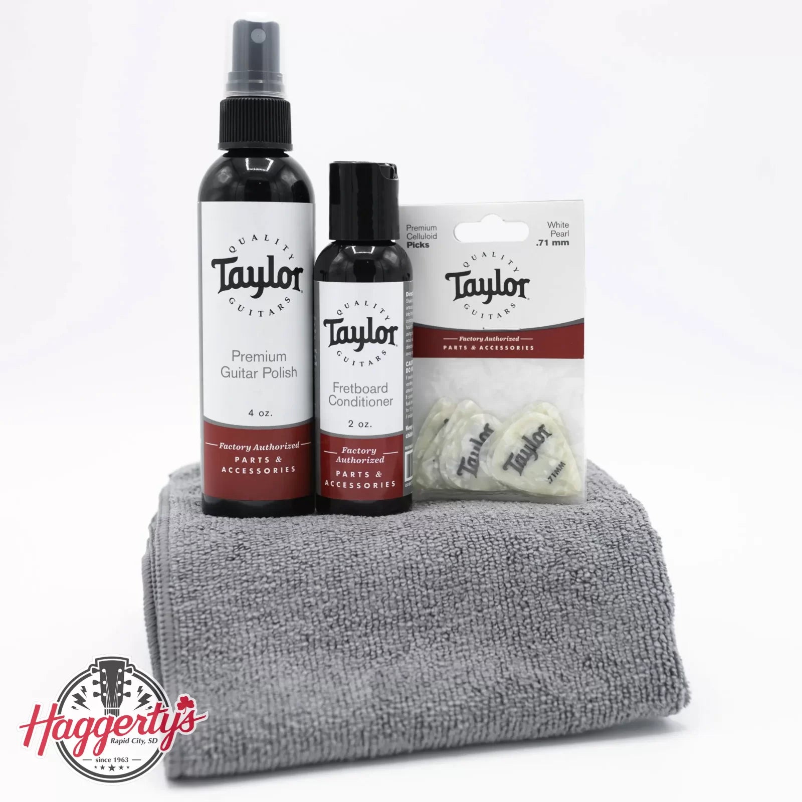 Taylor Gloss Guitar Cleaning Bundle w/ Taylor 6-Pack Celluloid 0.71mm White Pearl Picks