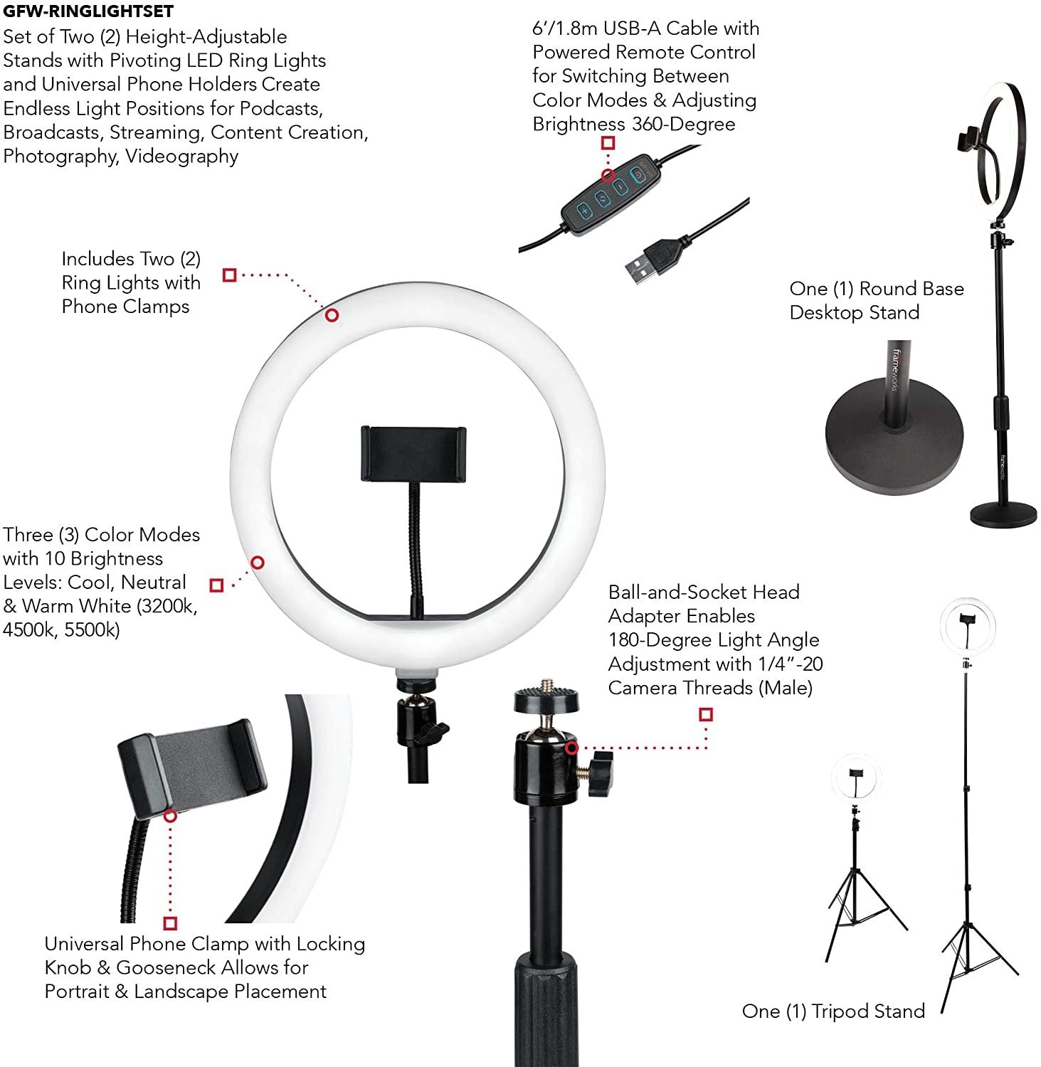 Gator Frameworks 2-pack 10-inch Ring Light Set with Desk and Tripod Stands