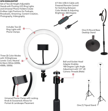 Gator Frameworks 2-pack 10-inch Ring Light Set with Desk and Tripod Stands