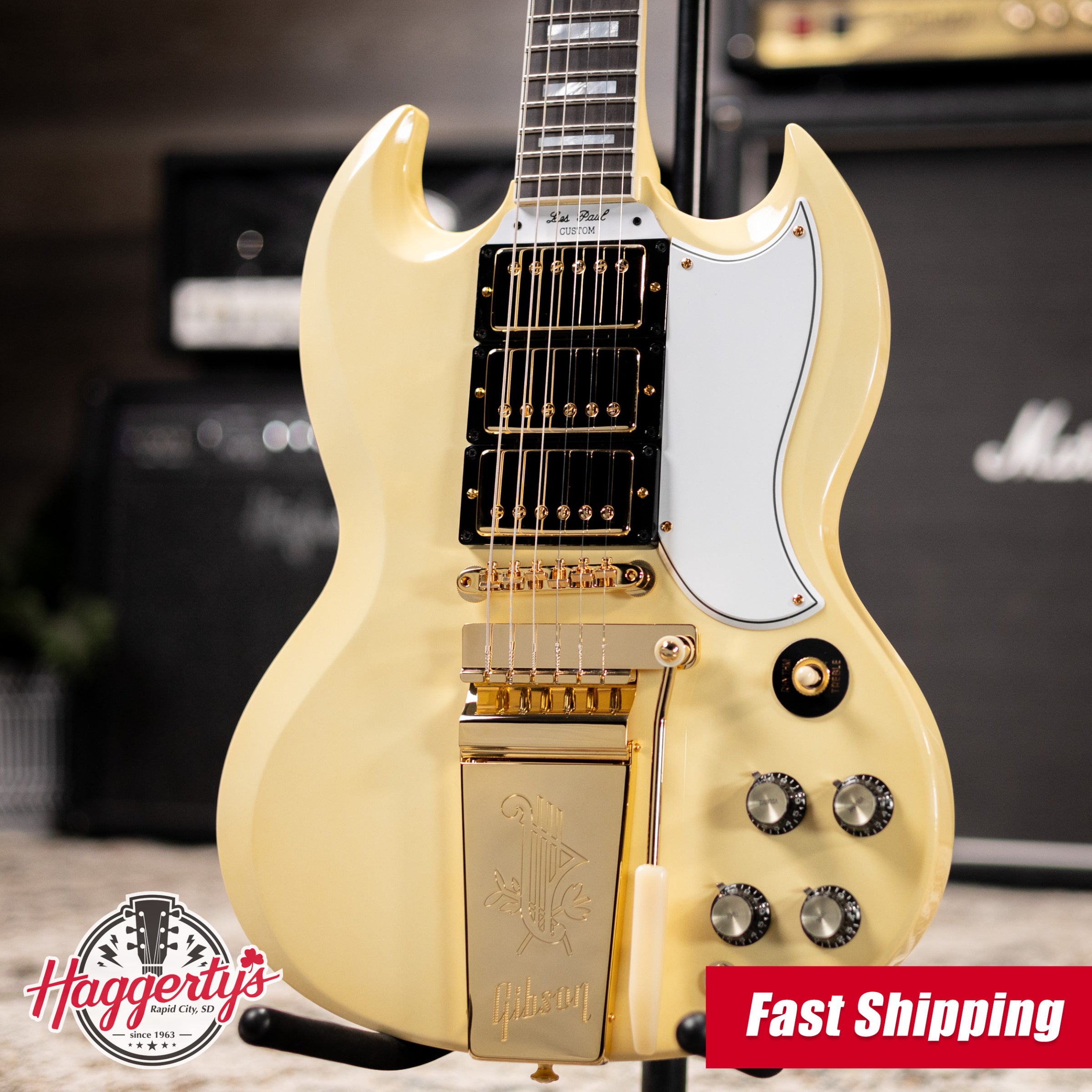 Gibson Custom Shop 1963 Les Paul SG Custom Reissue 3-Pickup with Maestro VOS Electric Guitar - Classic White with Hardshell Case