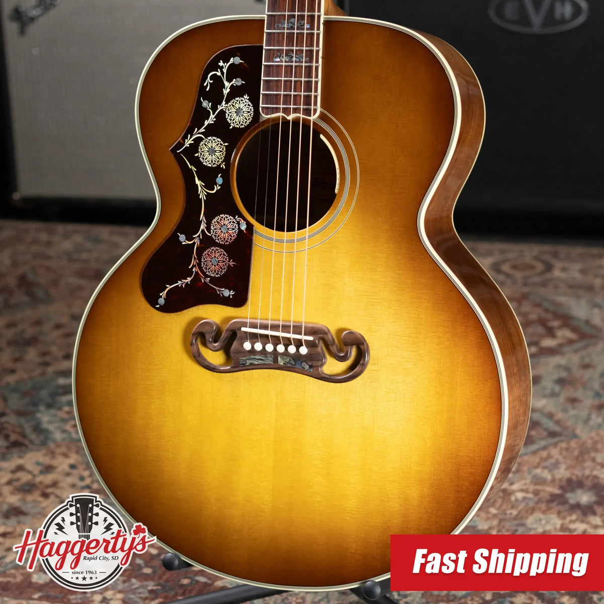 Gibson SJ-200 Elegant Koa Left-Handed Jumbo Acoustic/Electric Guitar - Honey Burst with Hardshell Case