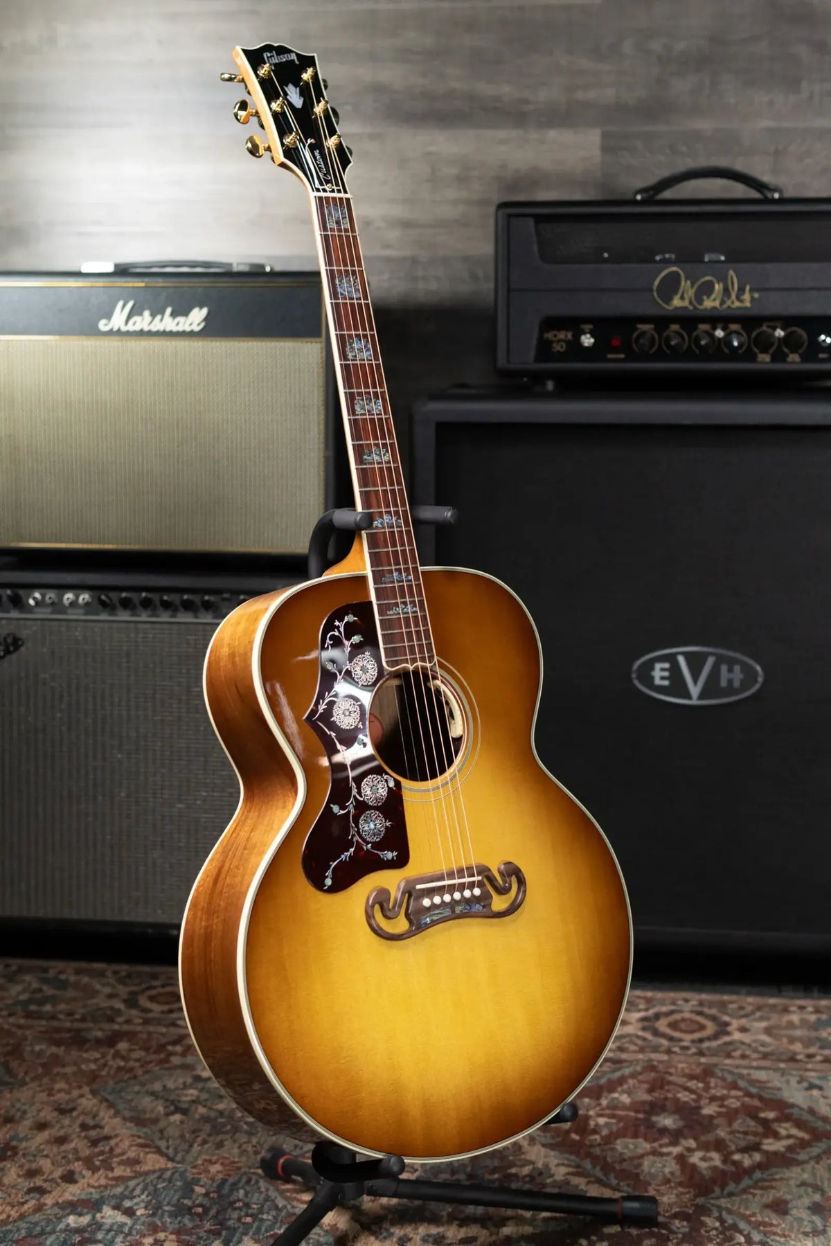 Gibson SJ-200 Elegant Koa Left-Handed Jumbo Acoustic/Electric Guitar - Honey Burst with Hardshell Case