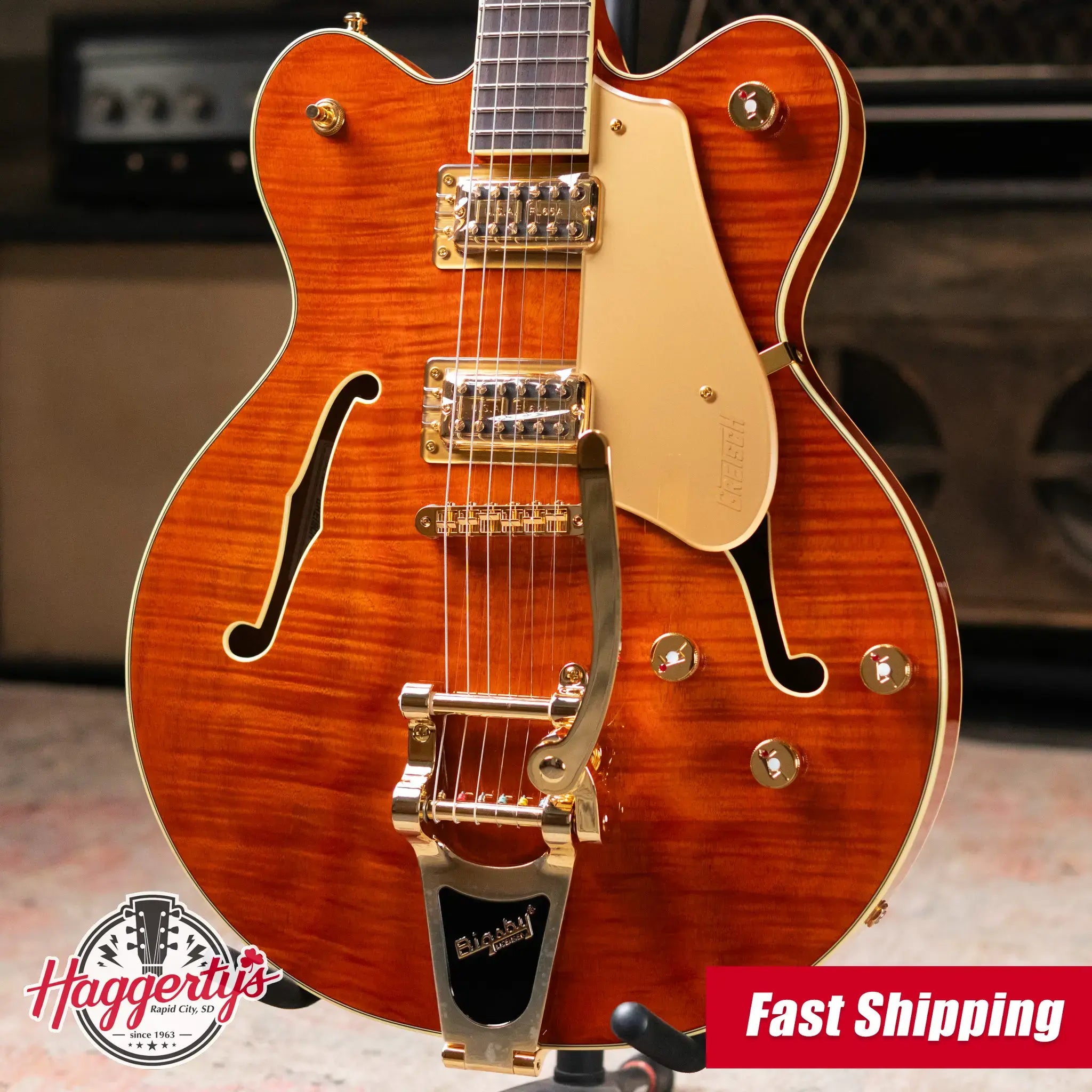 Gretsch Electromatic LTD Flame Okoume Broadkaster Double-Cut with Bigsby Electric Guitar - Roundup Orange - Demo