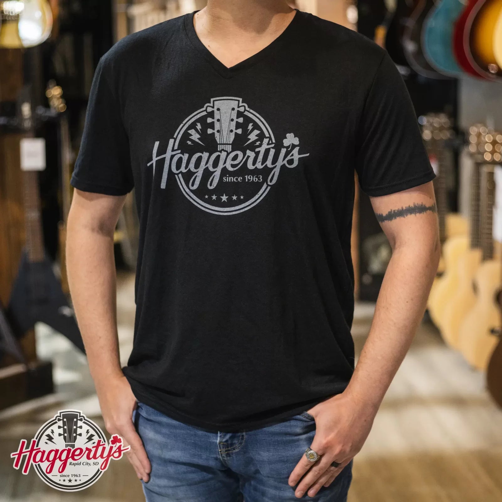 Haggerty's Logo Black Men's V-Neck T-Shirt - LG