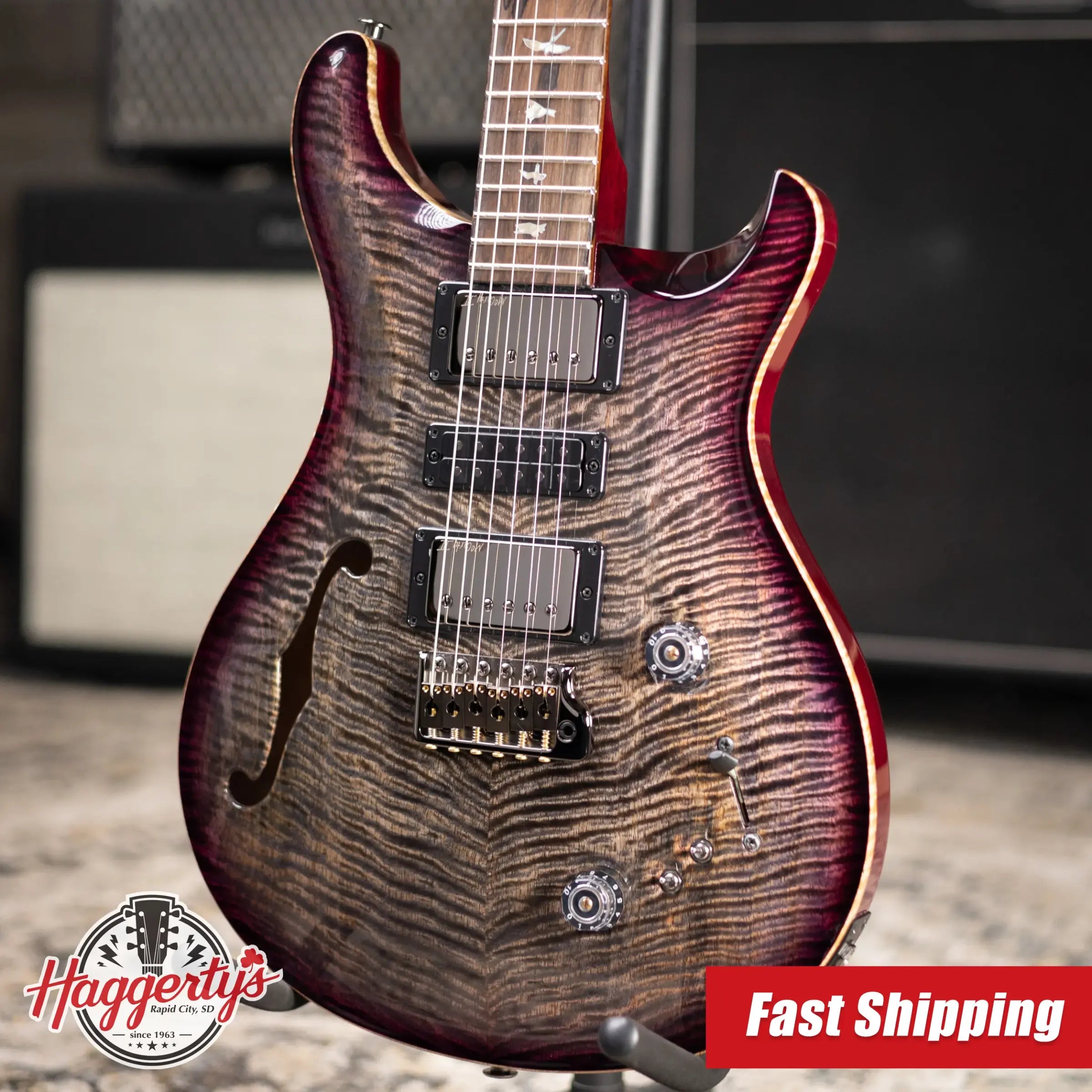 PRS Limited Edition Flame Mango Top Special Semi-Hollow Electric Guitar - Charcoal Purple Burst with Hardshell Case
