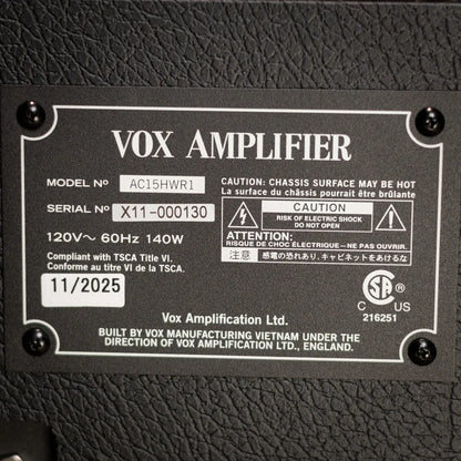 Vox AC15HWR1 Hand-Wired Greenback Guitar Amplifier