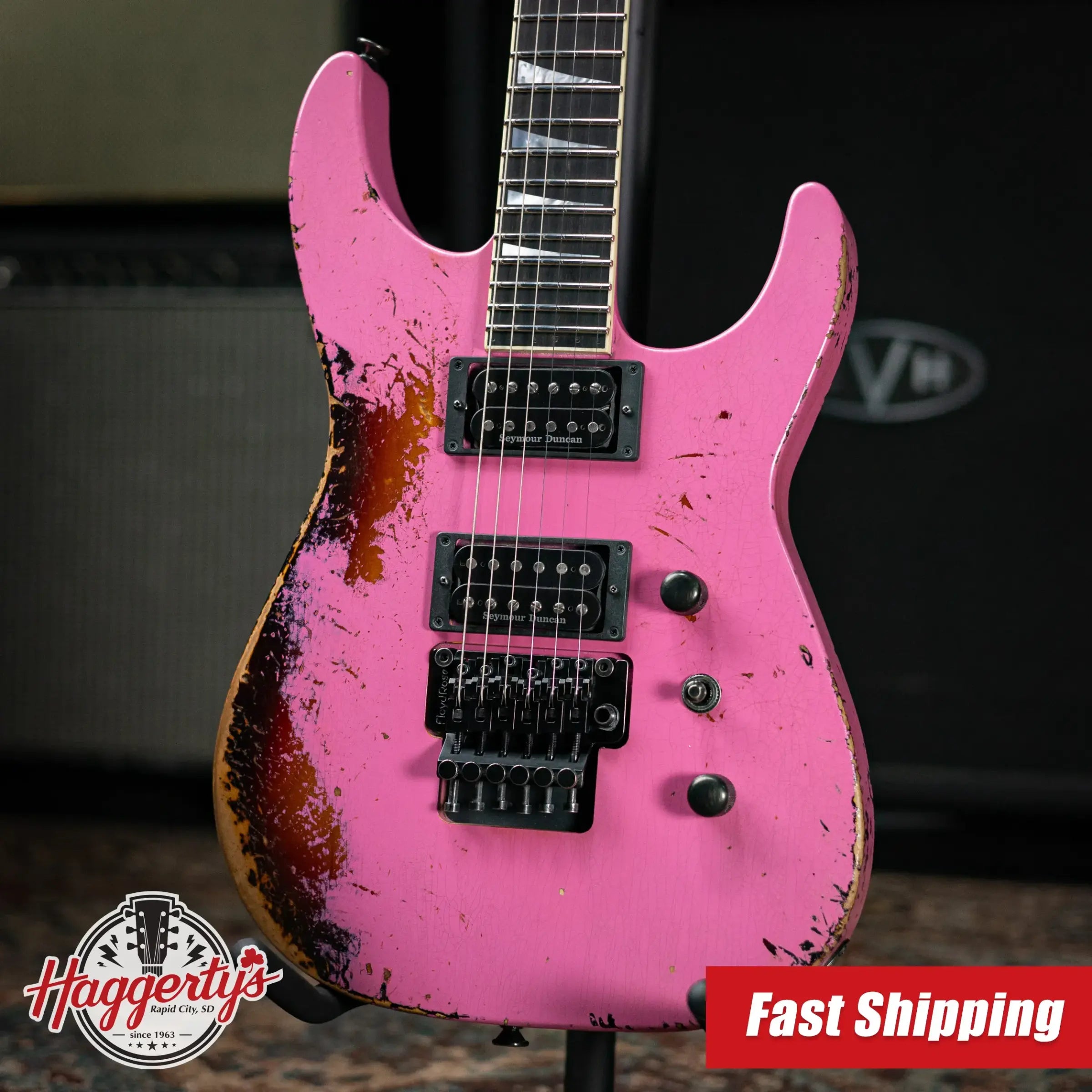 Jackson Custom Shop Special Edition Soloist 2H FR Electric Guitar - Nitro Tour Relic Platinum Pink over 3-Tone Sunburst with Hardshell Case