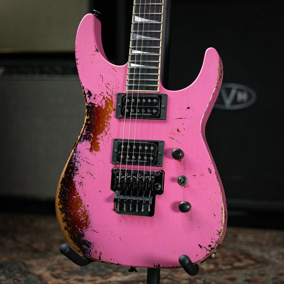 Jackson Custom Shop Special Edition Soloist 2H FR Electric Guitar - Nitro Tour Relic Platinum Pink over 3-Tone Sunburst with Hardshell Case