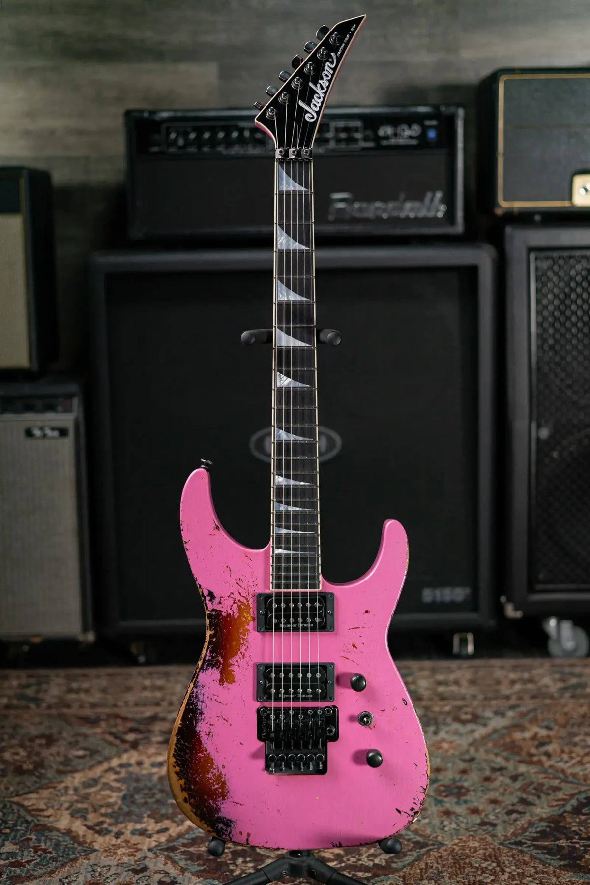 Jackson Custom Shop Special Edition Soloist 2H FR Electric Guitar - Nitro Tour Relic Platinum Pink over 3-Tone Sunburst with Hardshell Case