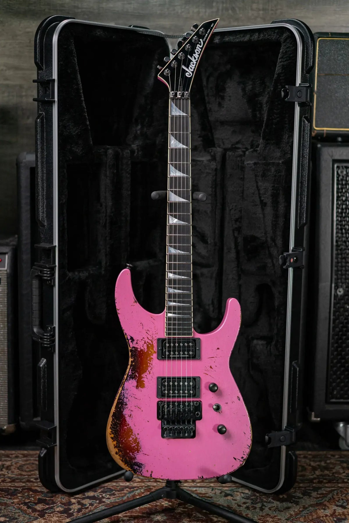 Jackson Custom Shop Special Edition Soloist 2H FR Electric Guitar - Nitro Tour Relic Platinum Pink over 3-Tone Sunburst with Hardshell Case