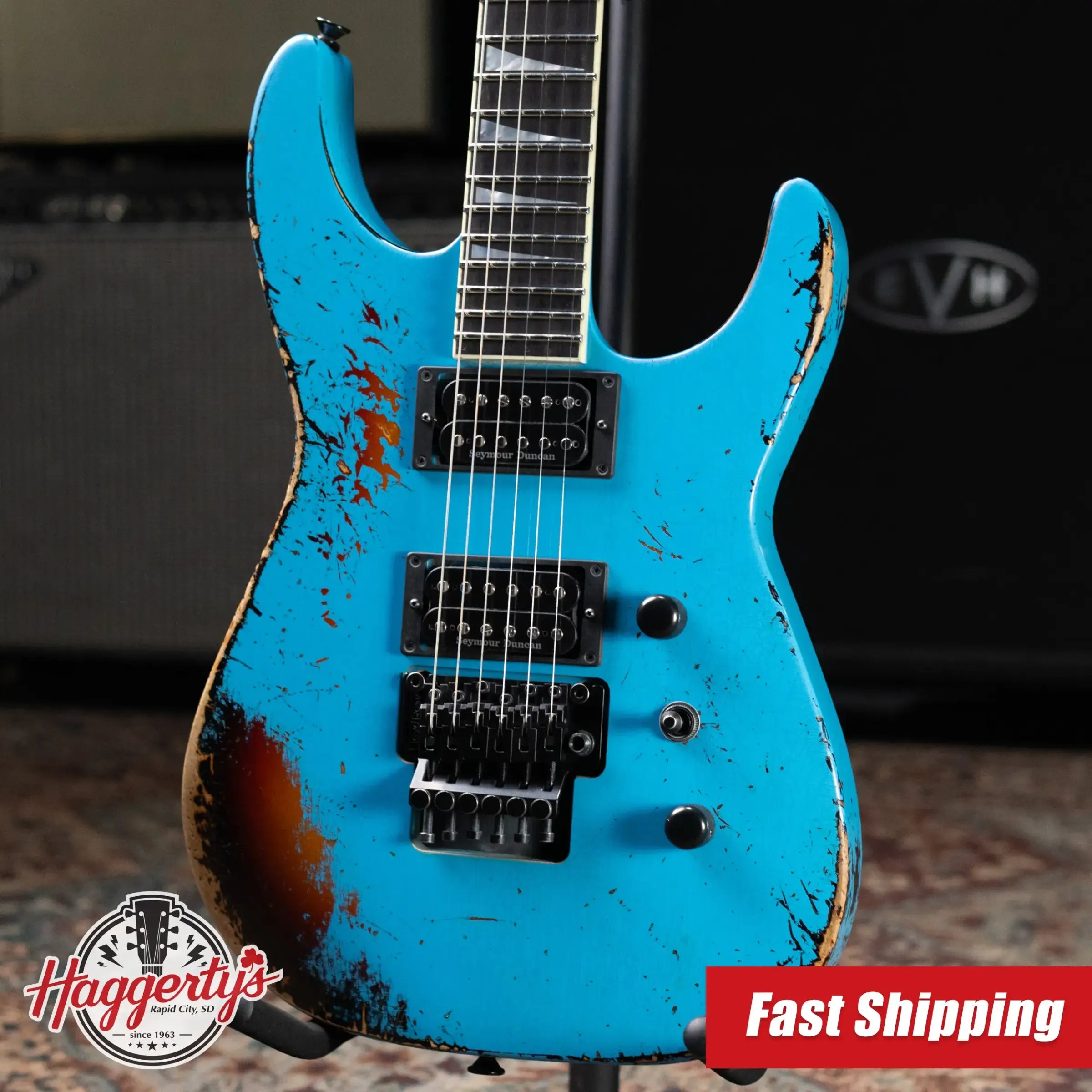 Jackson Custom Shop Special Edition Soloist Electric Guitar - Nitro Tour Relic Robins Egg Blue over 3-Tone Sunburst with Hardshell Case