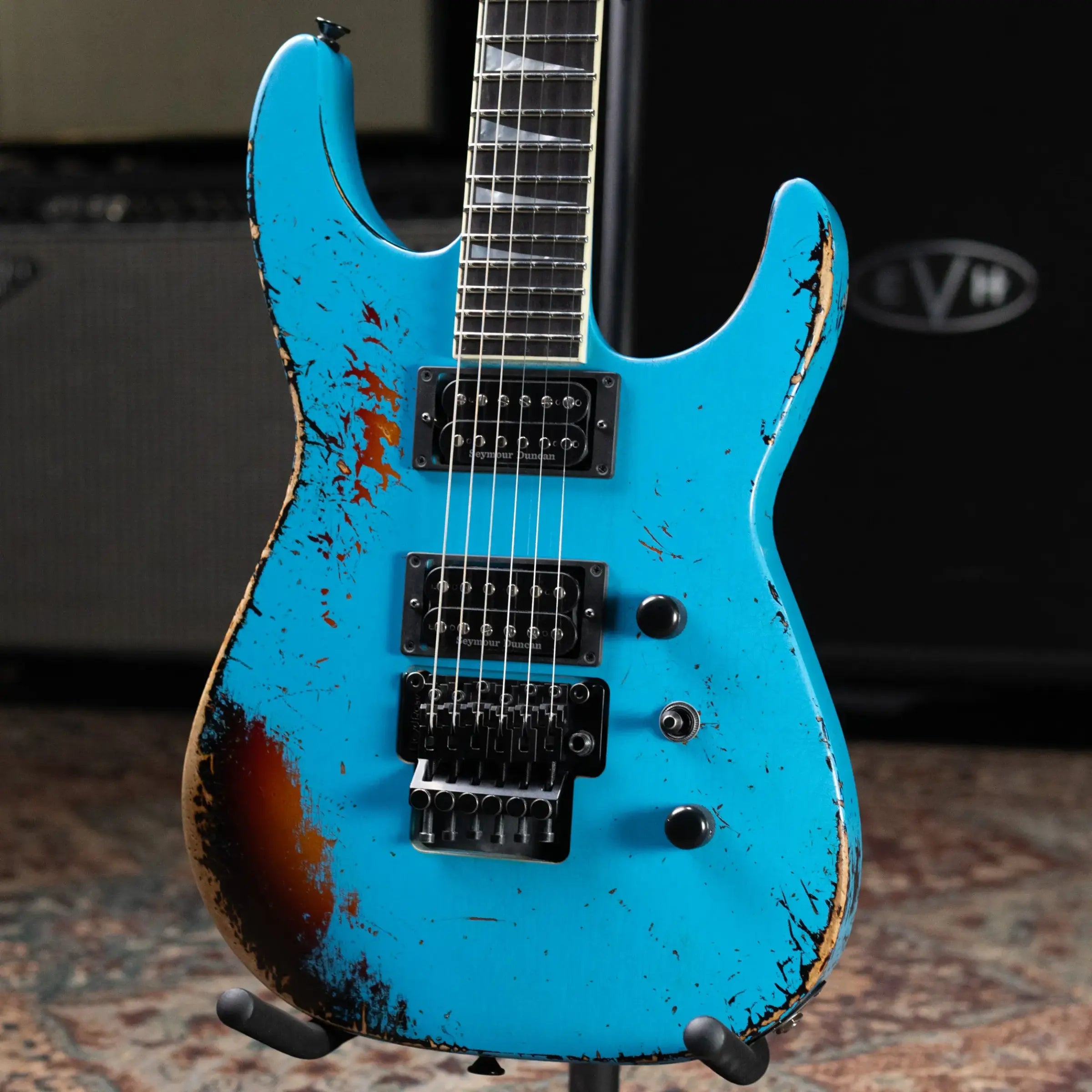 Jackson Custom Shop Special Edition Soloist Electric Guitar - Nitro Tour Relic Robins Egg Blue over 3-Tone Sunburst with Hardshell Case