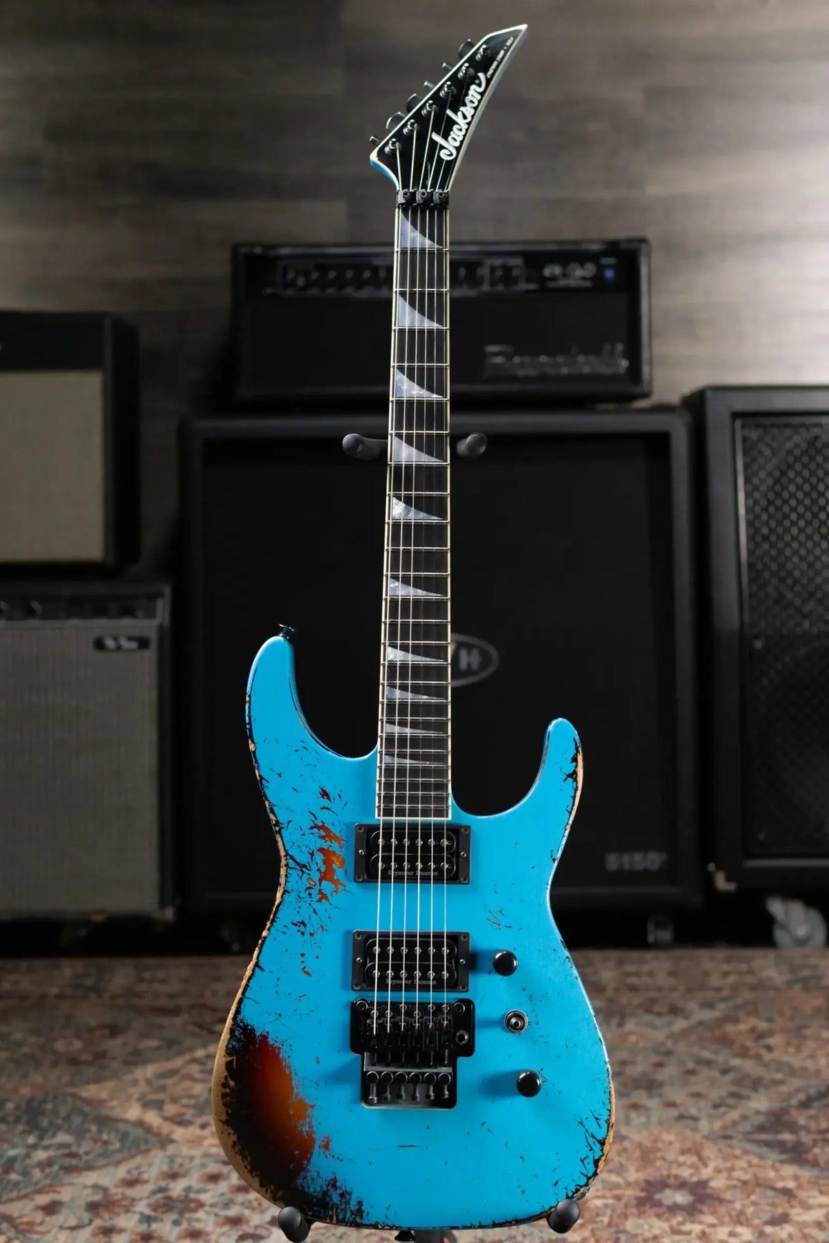 Jackson Custom Shop Special Edition Soloist Electric Guitar - Nitro Tour Relic Robins Egg Blue over 3-Tone Sunburst with Hardshell Case