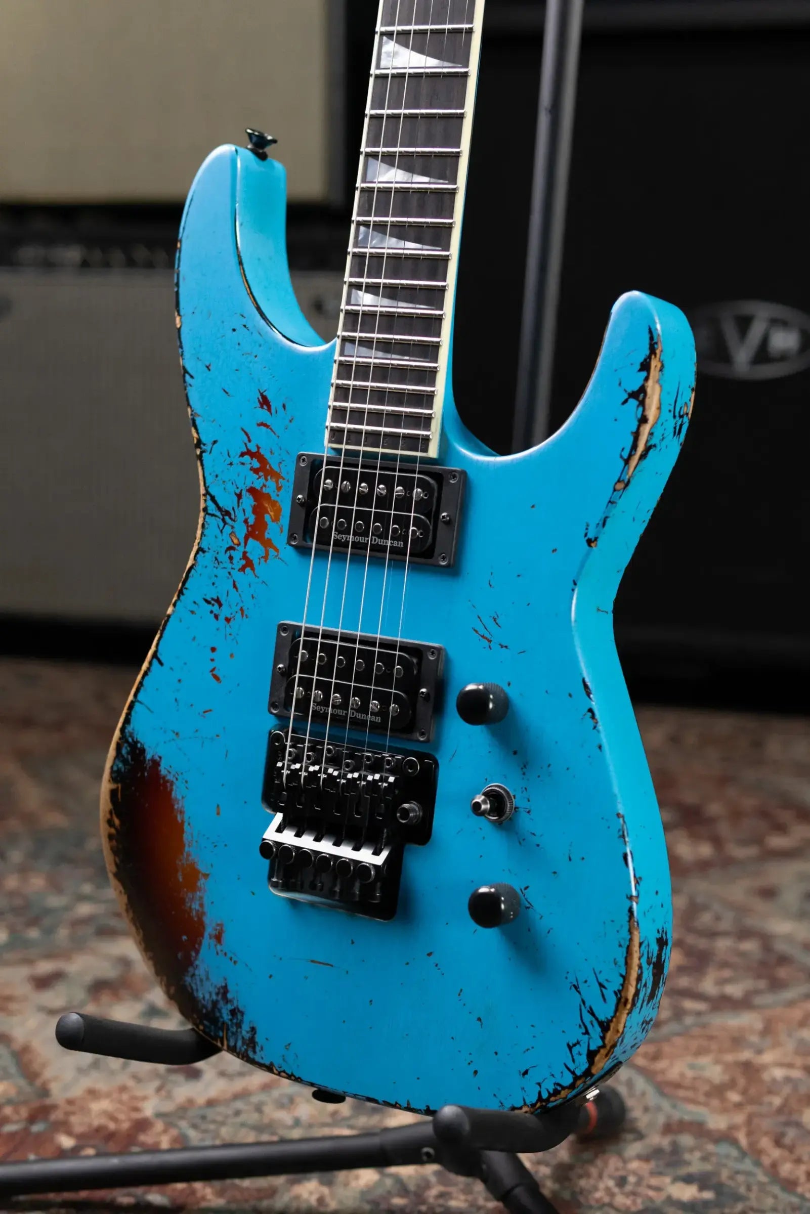 Jackson Custom Shop Special Edition Soloist Electric Guitar - Nitro Tour Relic Robins Egg Blue over 3-Tone Sunburst with Hardshell Case
