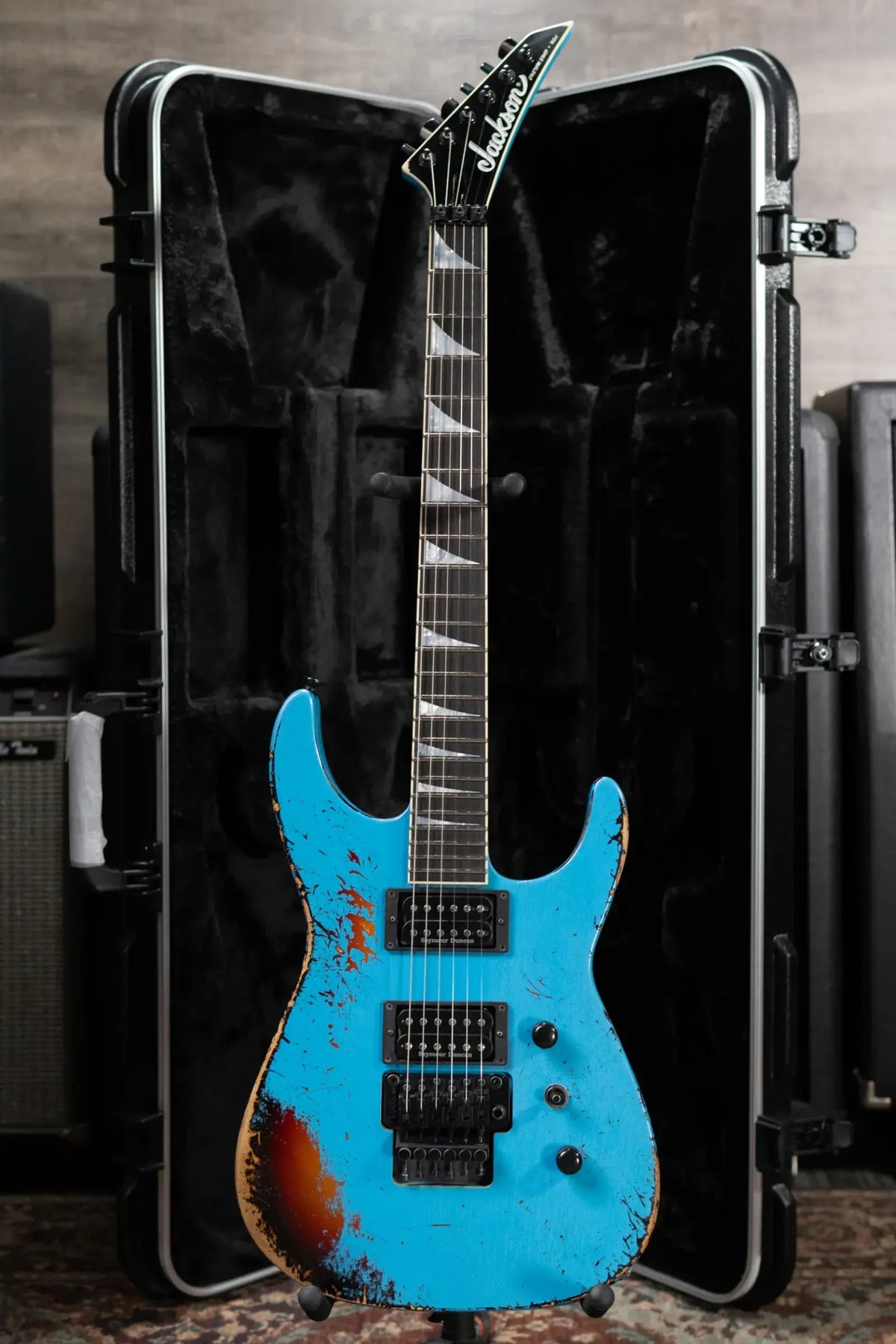 Jackson Custom Shop Special Edition Soloist Electric Guitar - Nitro Tour Relic Robins Egg Blue over 3-Tone Sunburst with Hardshell Case