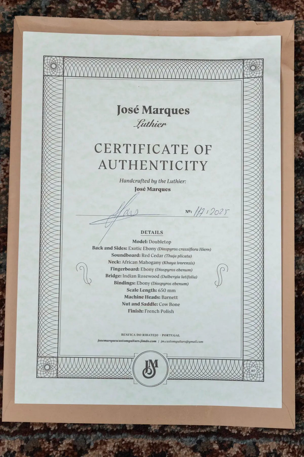 Jose Marques Doubletop Classical Acoustic Guitar - Exotic Ebony, Cedar Top with Hardshell Case