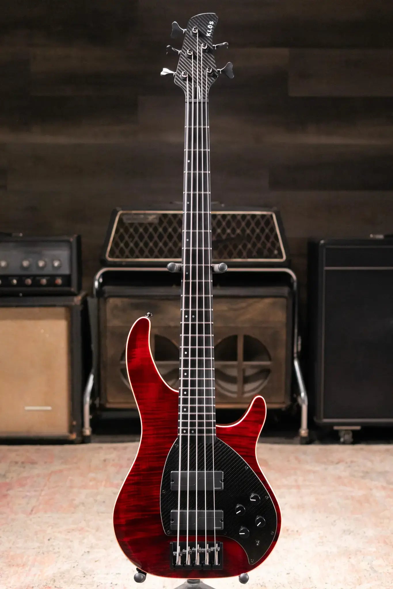 KLOS Apollo V Custom Series Electric Bass - Flame Red with Fishman Fluence and Gig Bag