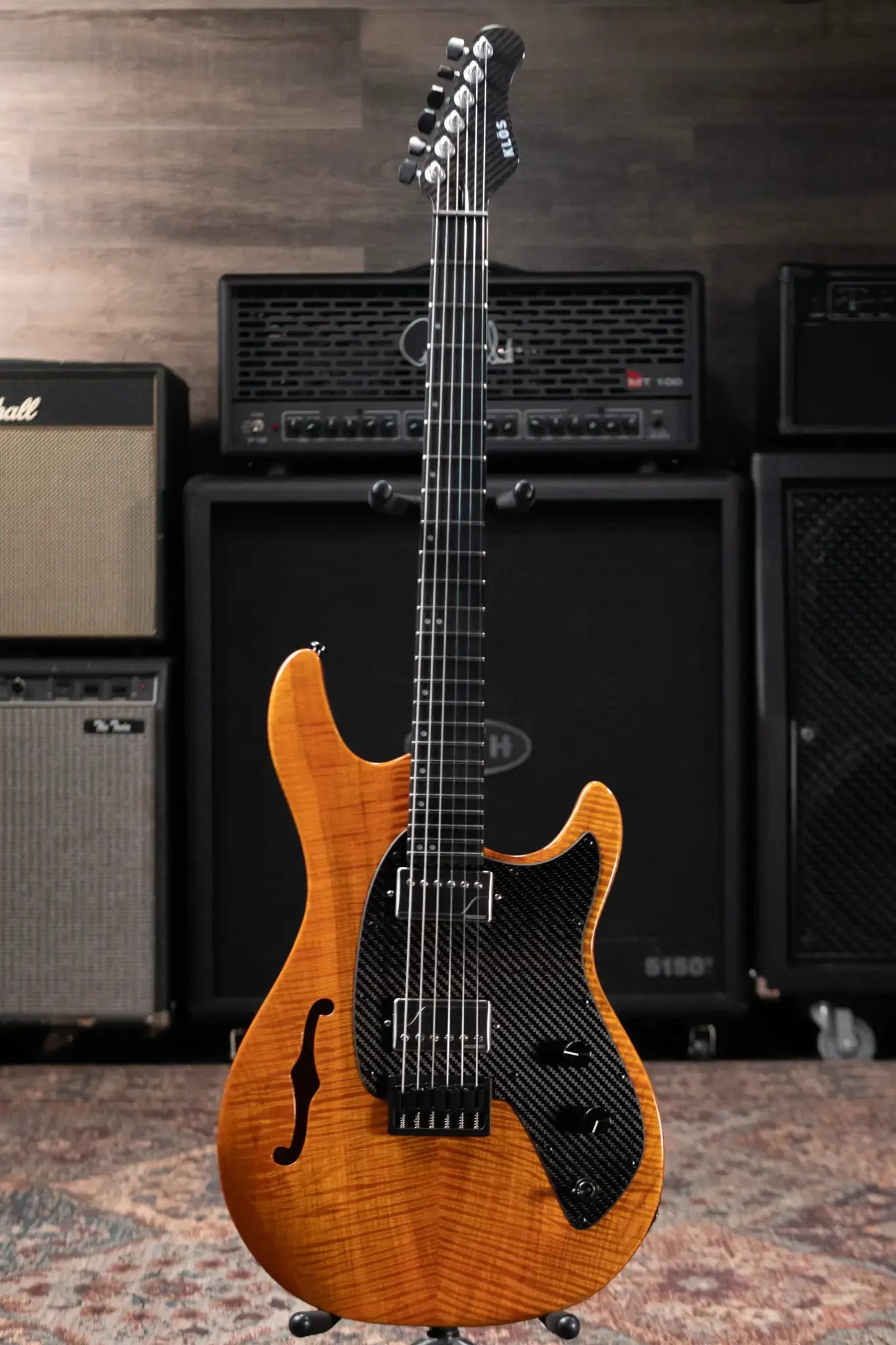 KLOS Artemis Custom Series Semi-Hollow Electric Guitar - Flame Maple Amber with Gig Bag