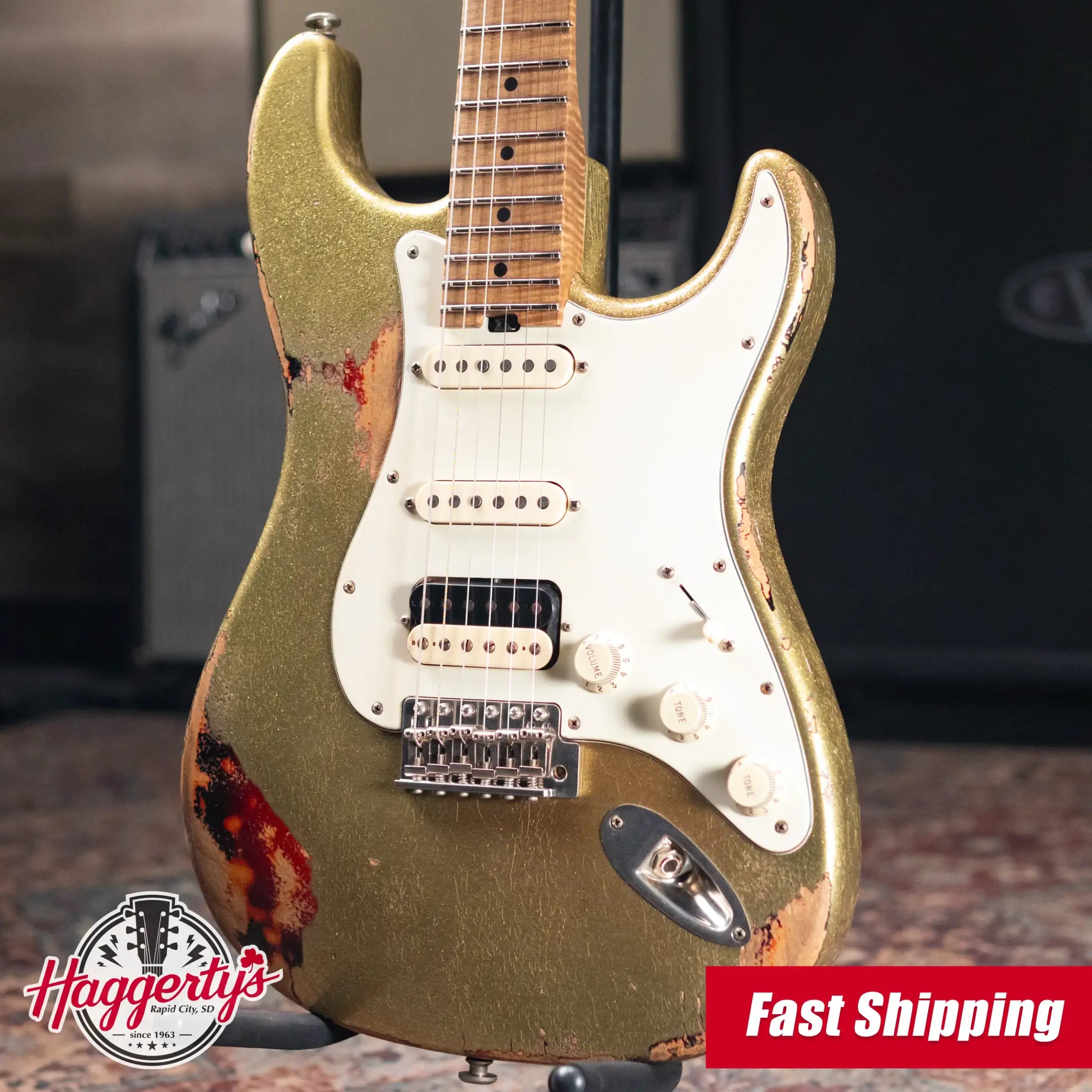 Luxxtone Choppa S HSS Electric Guitar - Gold Sparkle over 3-Tone Sunburst with Hardshell Case