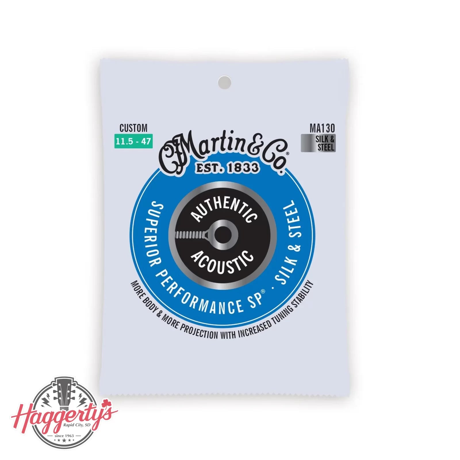 Martin MA130 Authentic Acoustic Superior Performance Silk and Steel Guitar Strings - .0115-.047 Custom